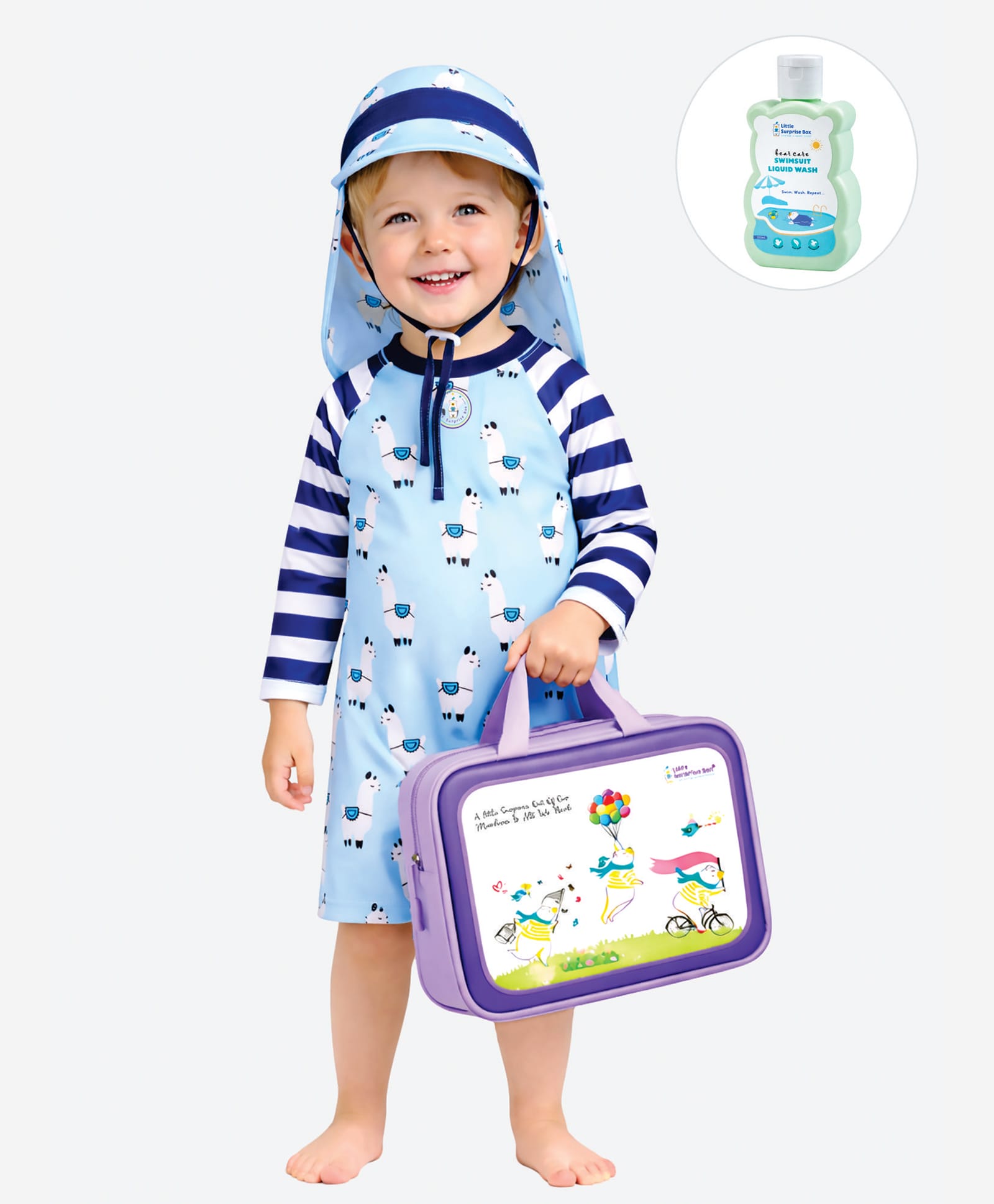 Little Surprise Box Spandex Full Raglan Sleeves Striped & Llama Printed Swimsuit & Cap Set With Bag & Detergent - Blue-picture-25