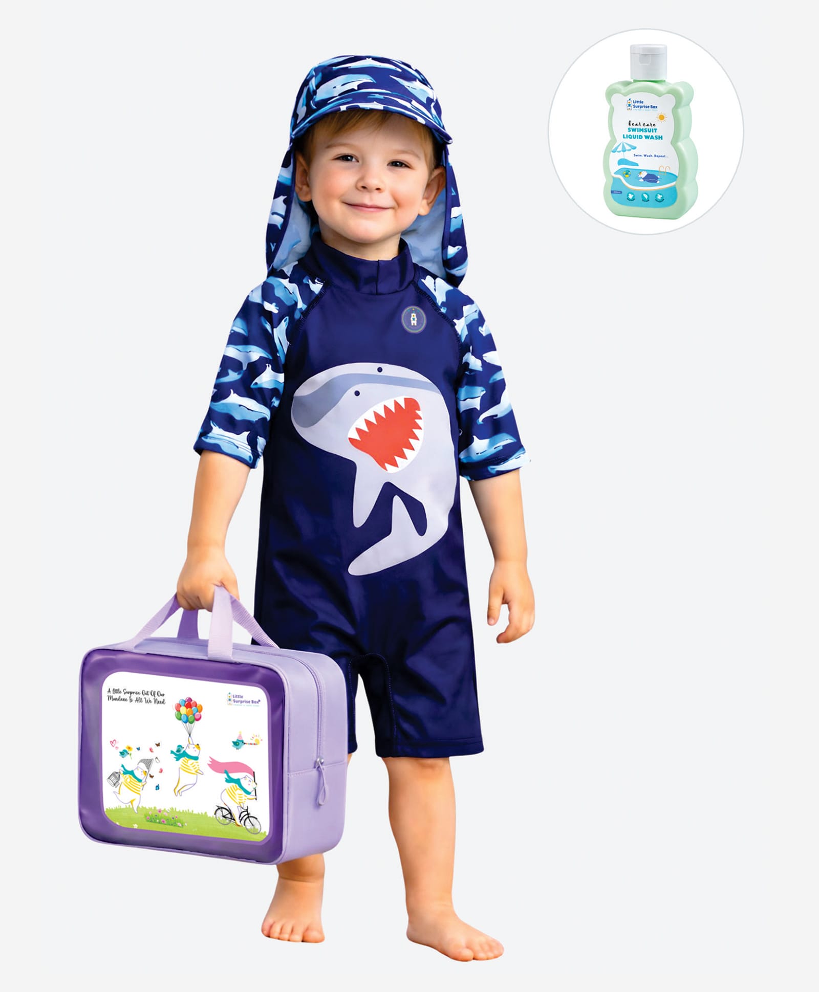 Little Surprise Box Spandex Three Fourth Raglan Sleeves Shark Printed Swimsuit & Cap Set With Bag & Detergent - Navy Blue-image-7