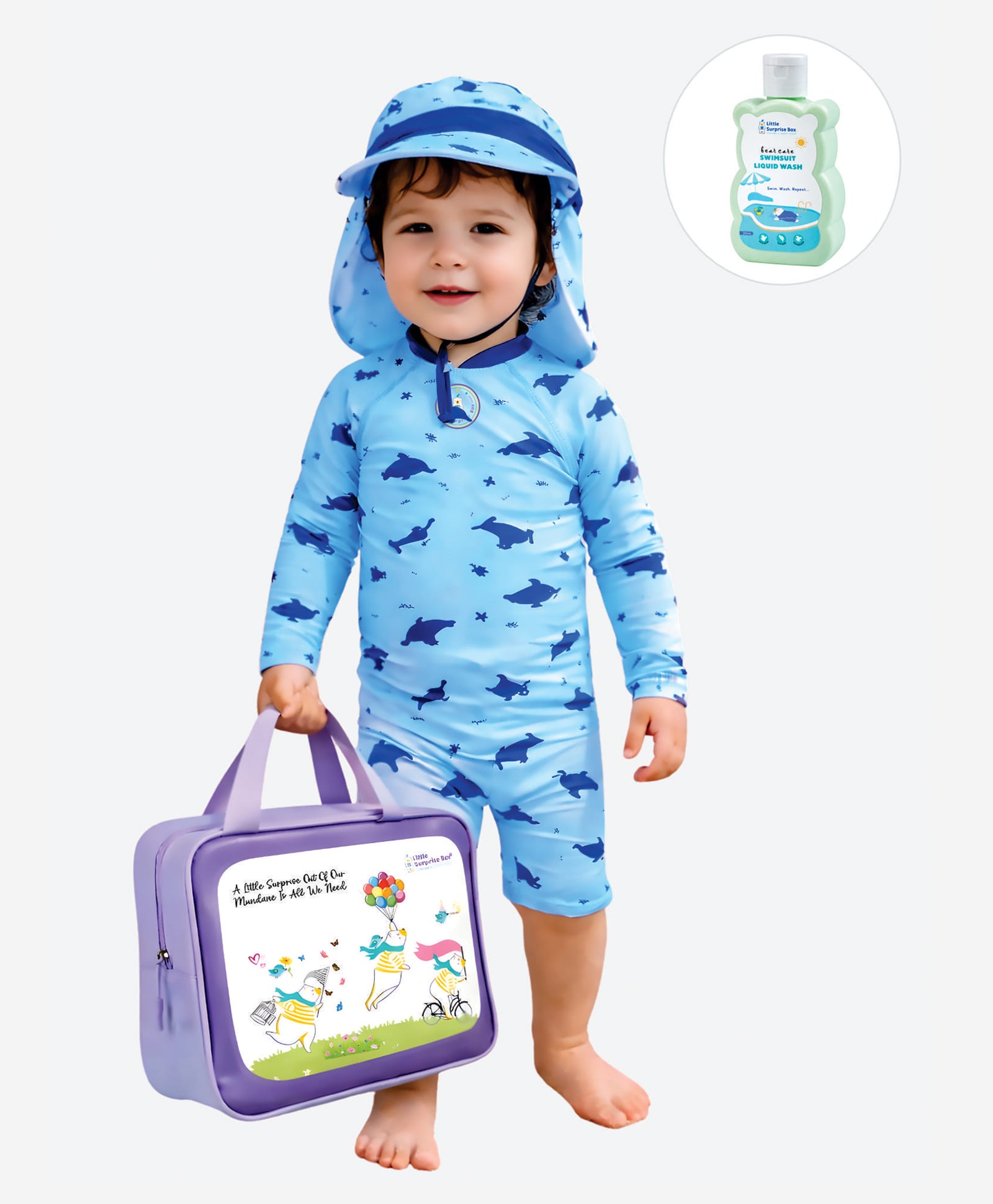 Little Surprise Box Spandex Full Sleeves Dolphin Printed Swimsuit & Cap Set With Bag & Detergent - Blue-image-6