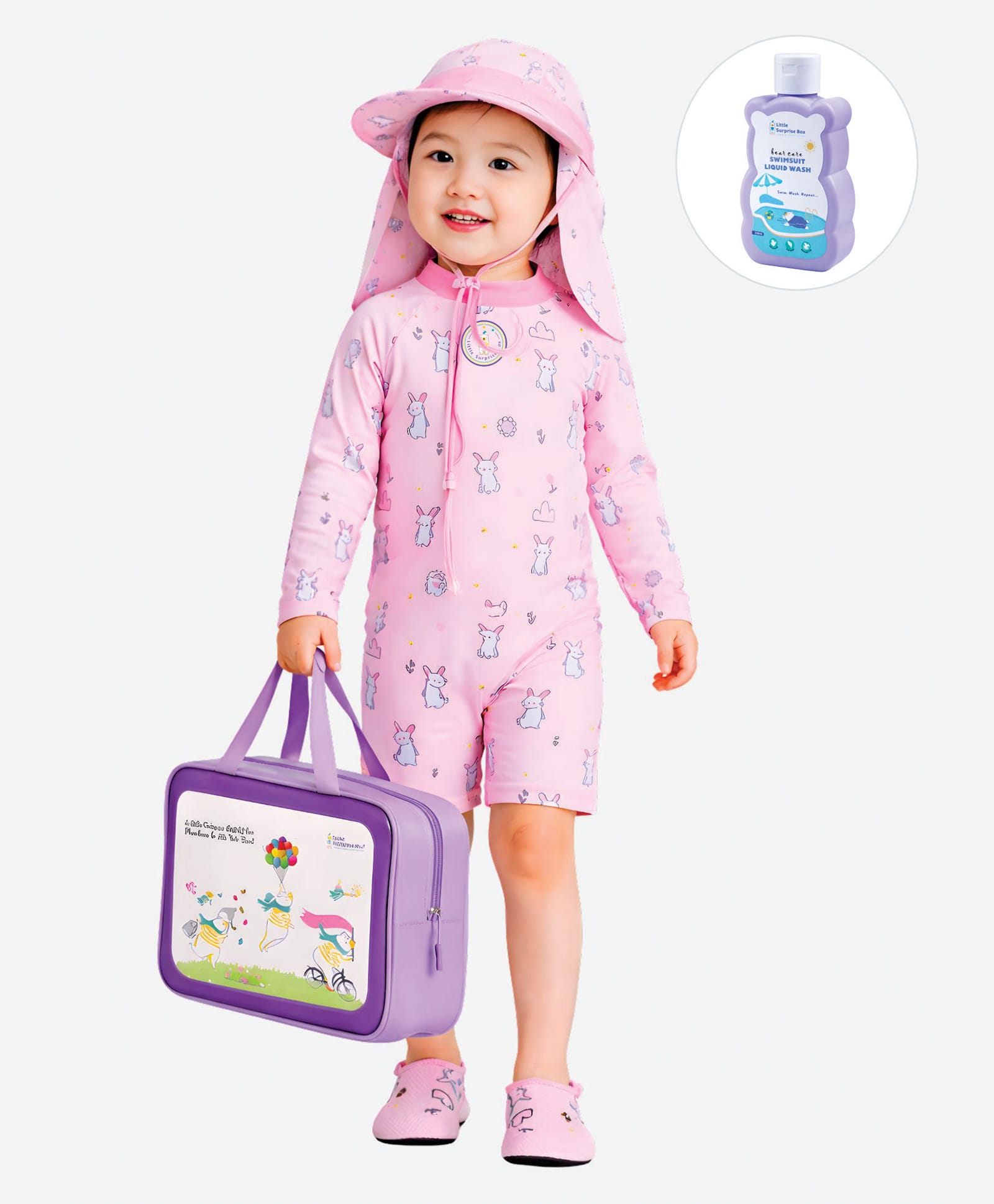 Little Surprise Box Spandex Full Sleeves Bunny Printed Swimsuit & Cap Set With Bag & Detergent - Pink-image-46