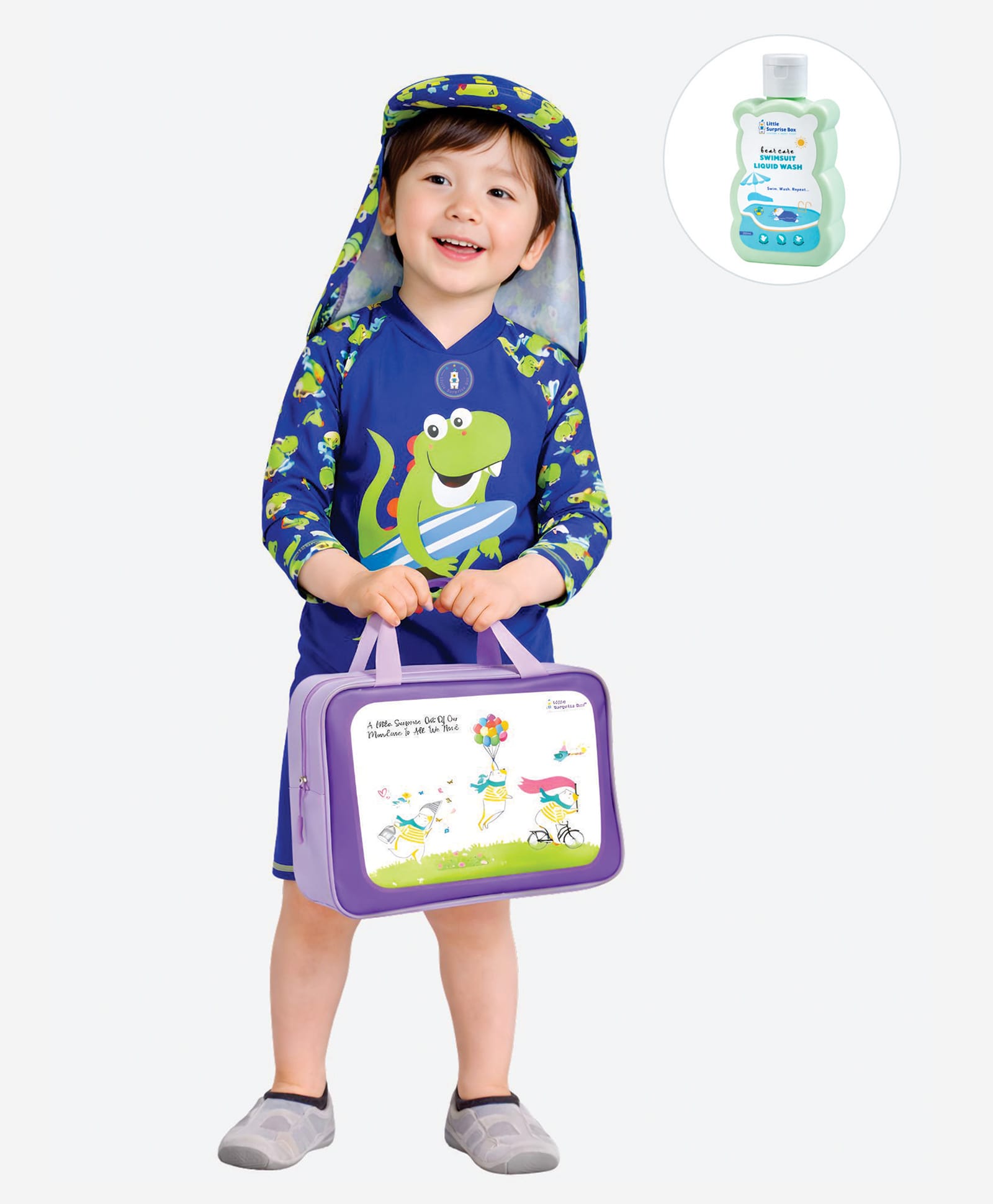 Little Surprise Box Spandex Three Fourth Sleeves Dinosaur Printed Swimsuit & Cap Set With Bag & Detergent - Blue-picture-19