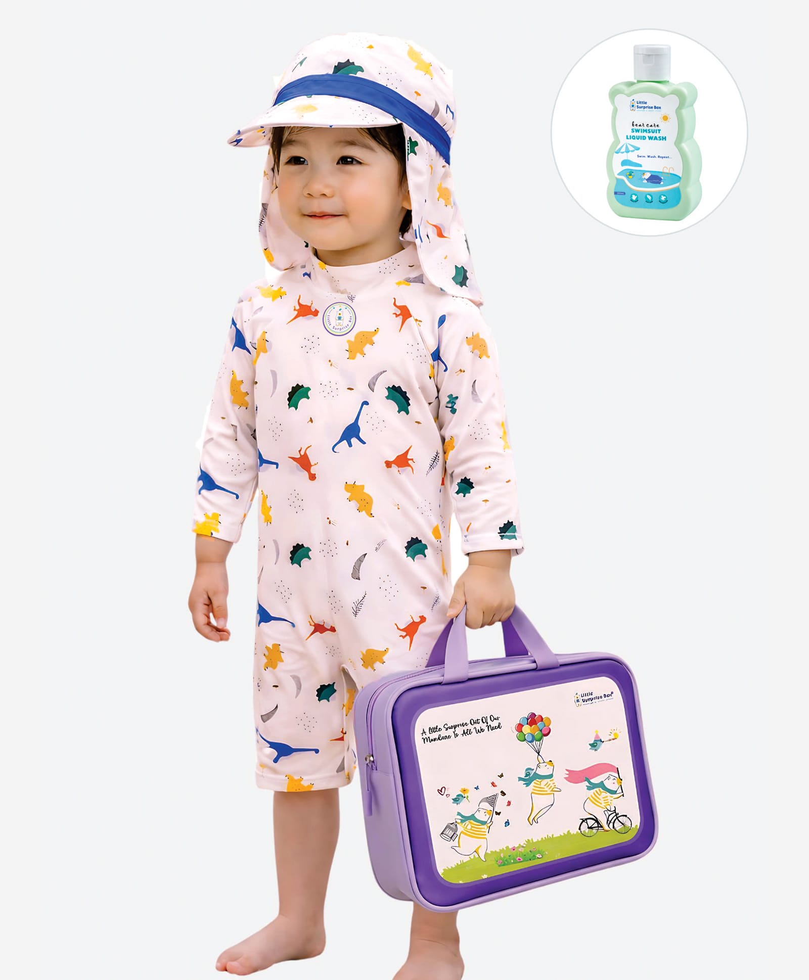 Little Surprise Box Spandex Full Sleeves Dinosaur Printed Swimsuit & Cap Set With Bag & Detergent - Pink-picture-20