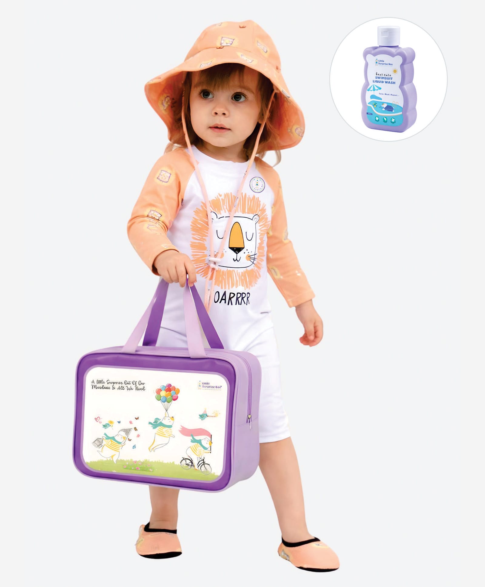 Little Surprise Box Spandex Full Raglan Sleeves Lion Printed Legged Swimsuit With Bag Detergent & Cap - Orange-image-38