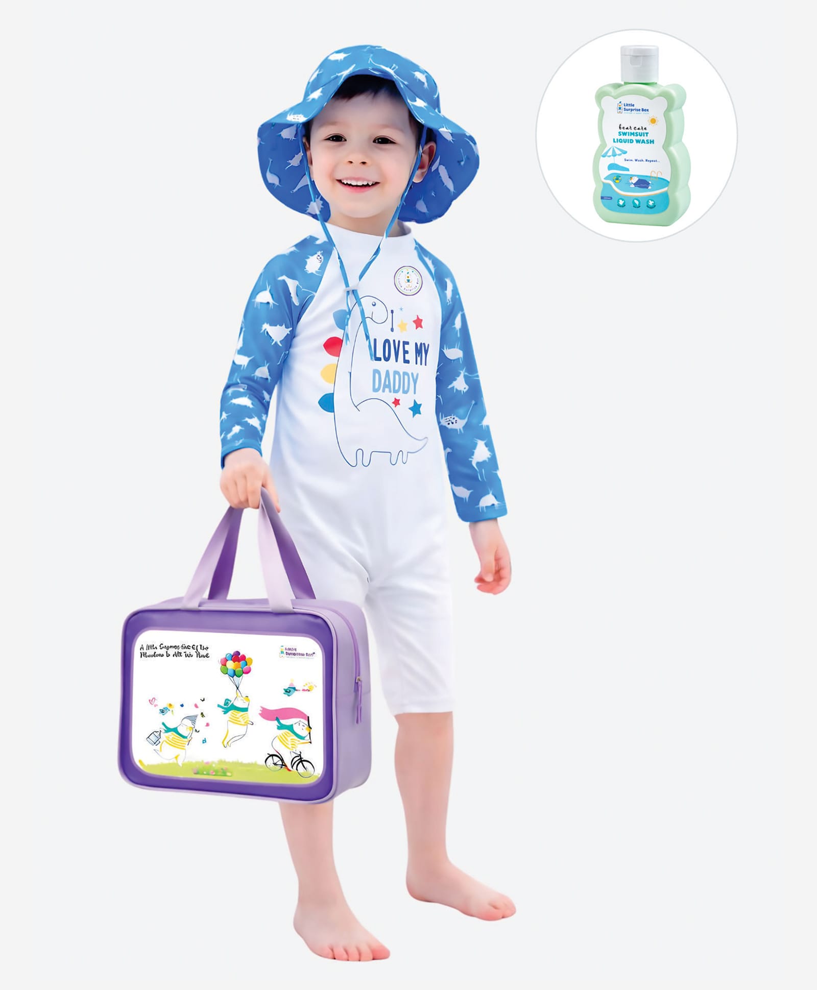 Little Surprise Box Full Raglan Sleeves Dinosaur Printed Legged Swimsuit With Bag Detergent & Cap - Blue-picture-18