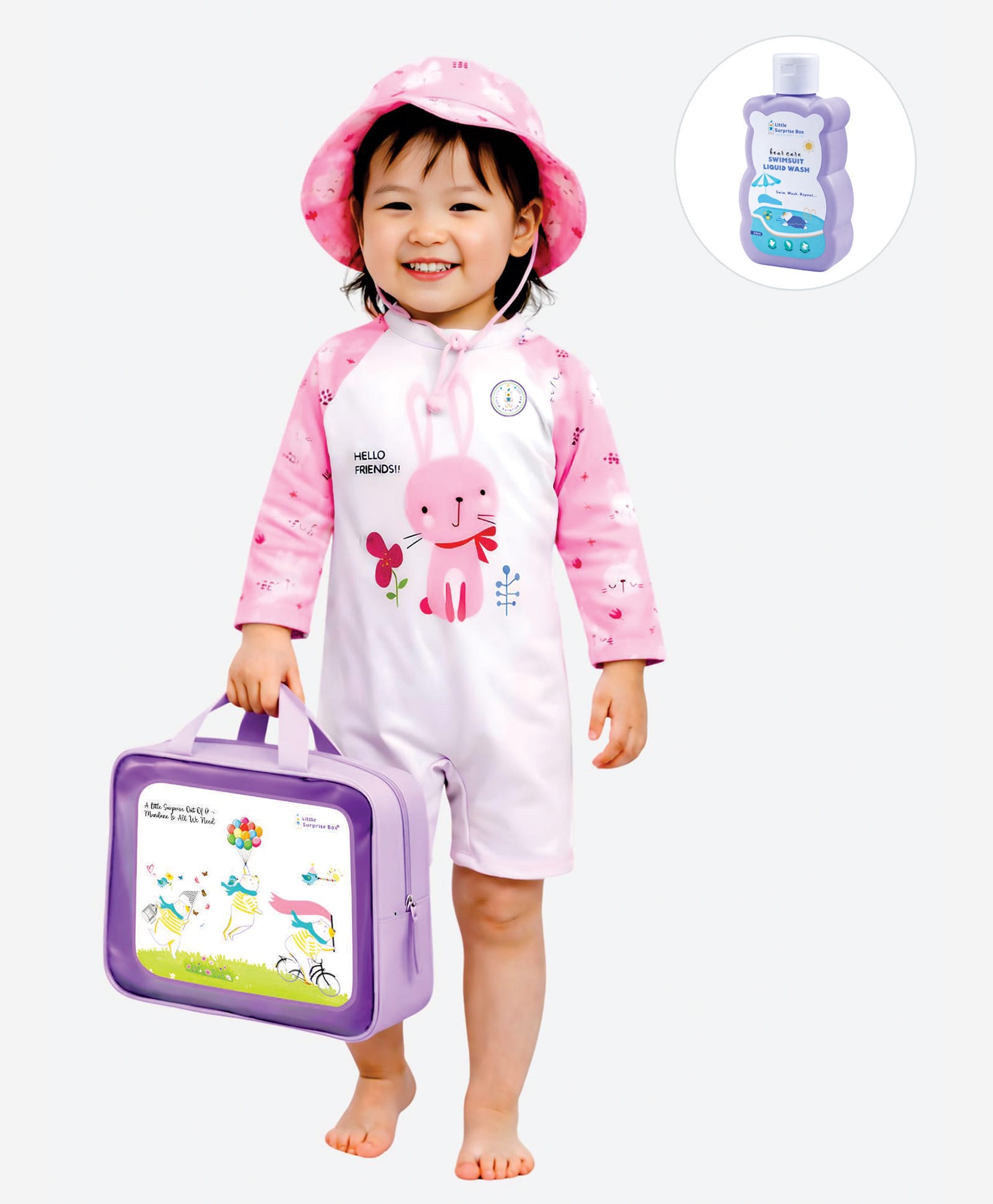 Little Surprise Box Spandex Full Raglan Sleeves Bunny Printed Legged Swimsuit With Bag Detergent & Cap - Pink-picture-12