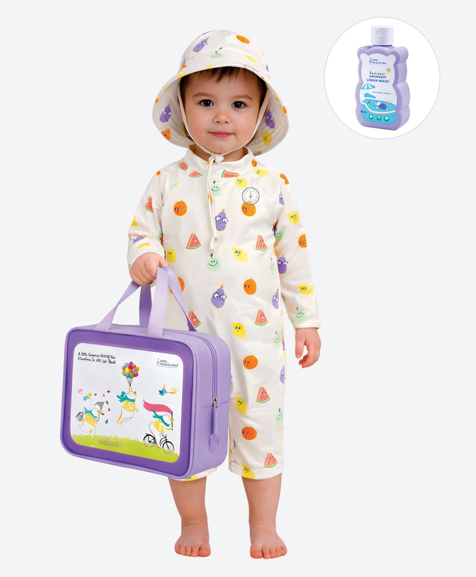 Little Surprise Box Spandex Full Sleeves Fruits Printed Legged Swimsuit With Bag Cap & Detergent - Cream-picture-11