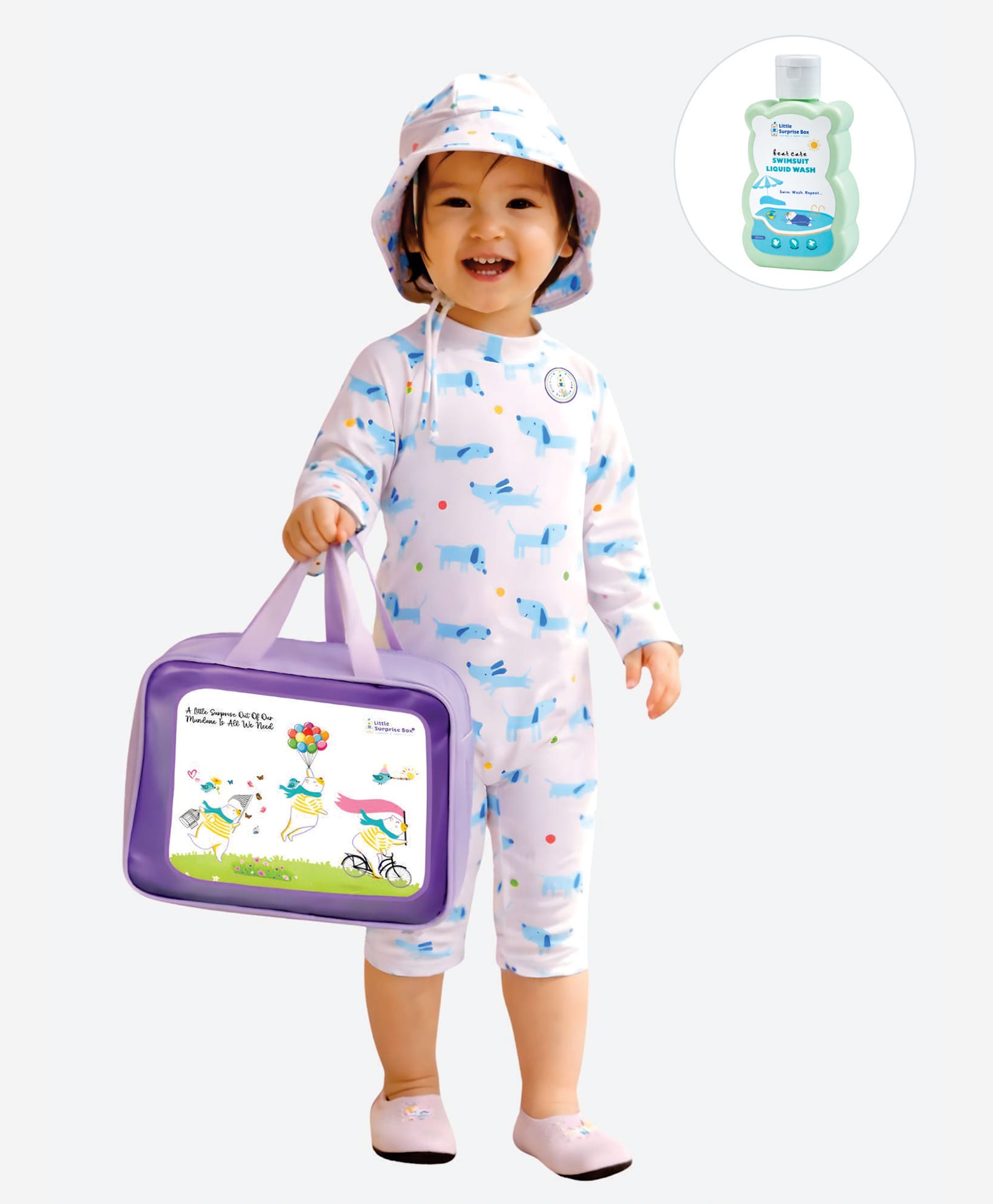 Little Surprise Box Spandex Full Sleeves Dogs Printed Legged Swimsuit With Bag Cap & Detergent - White-picture-15