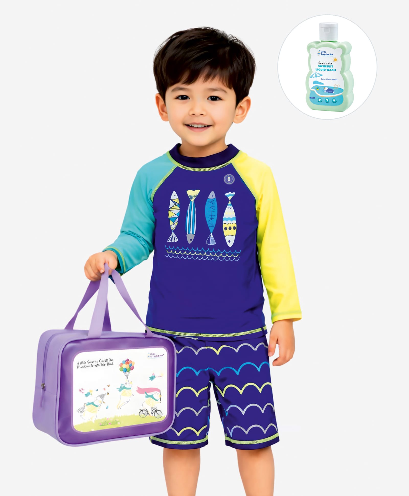 Little Surprise Box Half Sleeves Fishes Printed 2 Piece Swimsuit With Bag Cap & Detergent - Blue-picture-20