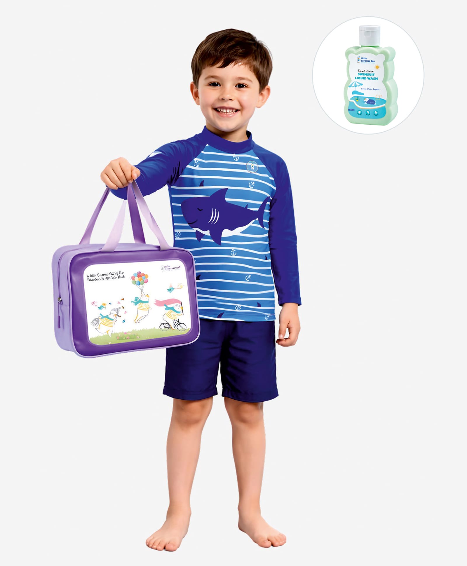 Little Surprise Box Full Raglan Sleeves Shark Printed 2 Piece Swimsuit With Bag Cap & Detergent - Blue-picture-17