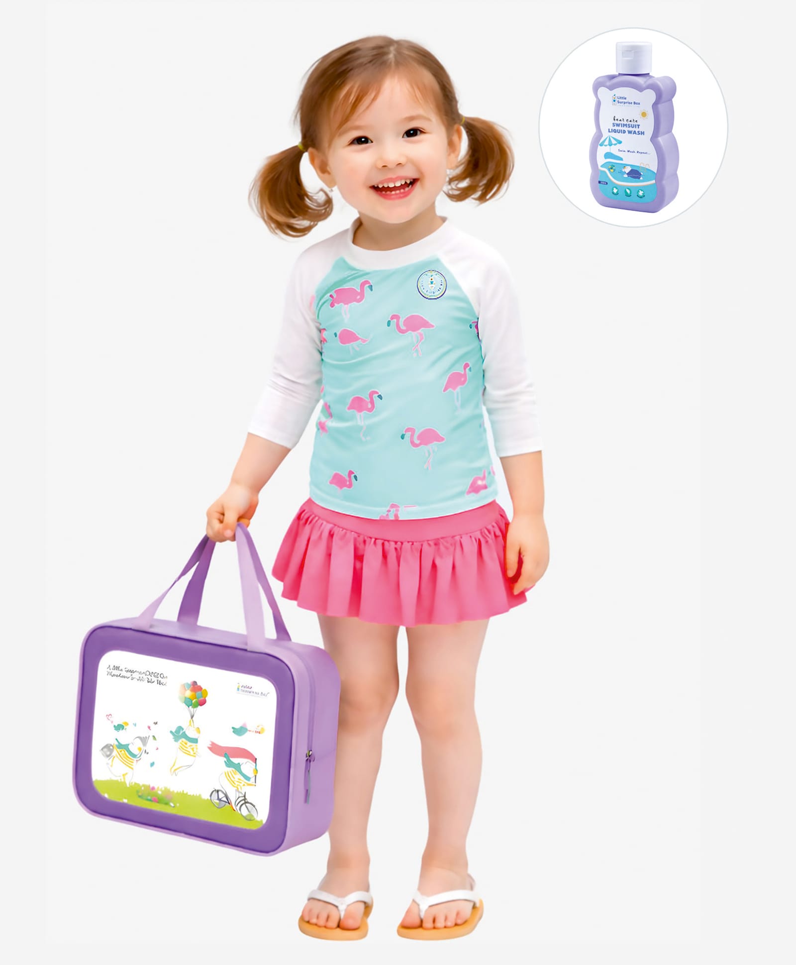 Little Surprise Box Spandex Three Fourth Sleeves Flamingo Printed 2 Piece Swimsuit With Bag & Detergent - Multi Colour-image-9