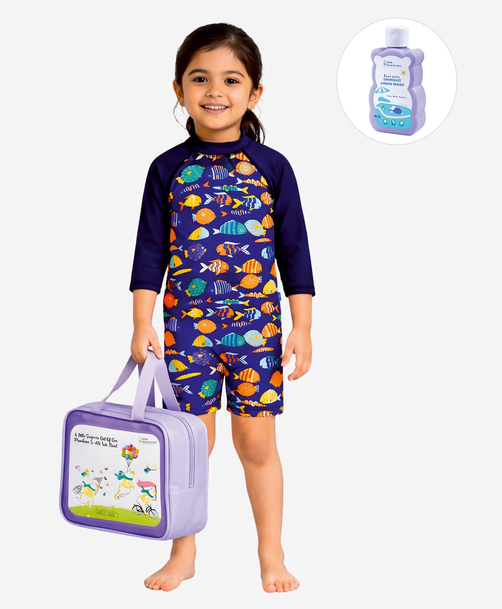 Little Surprise Box Spandex Three Fourth Sleeves Fishes Printed 2 Piece Swimsuit With Bag & Detergent - Navy Blue-picture-24