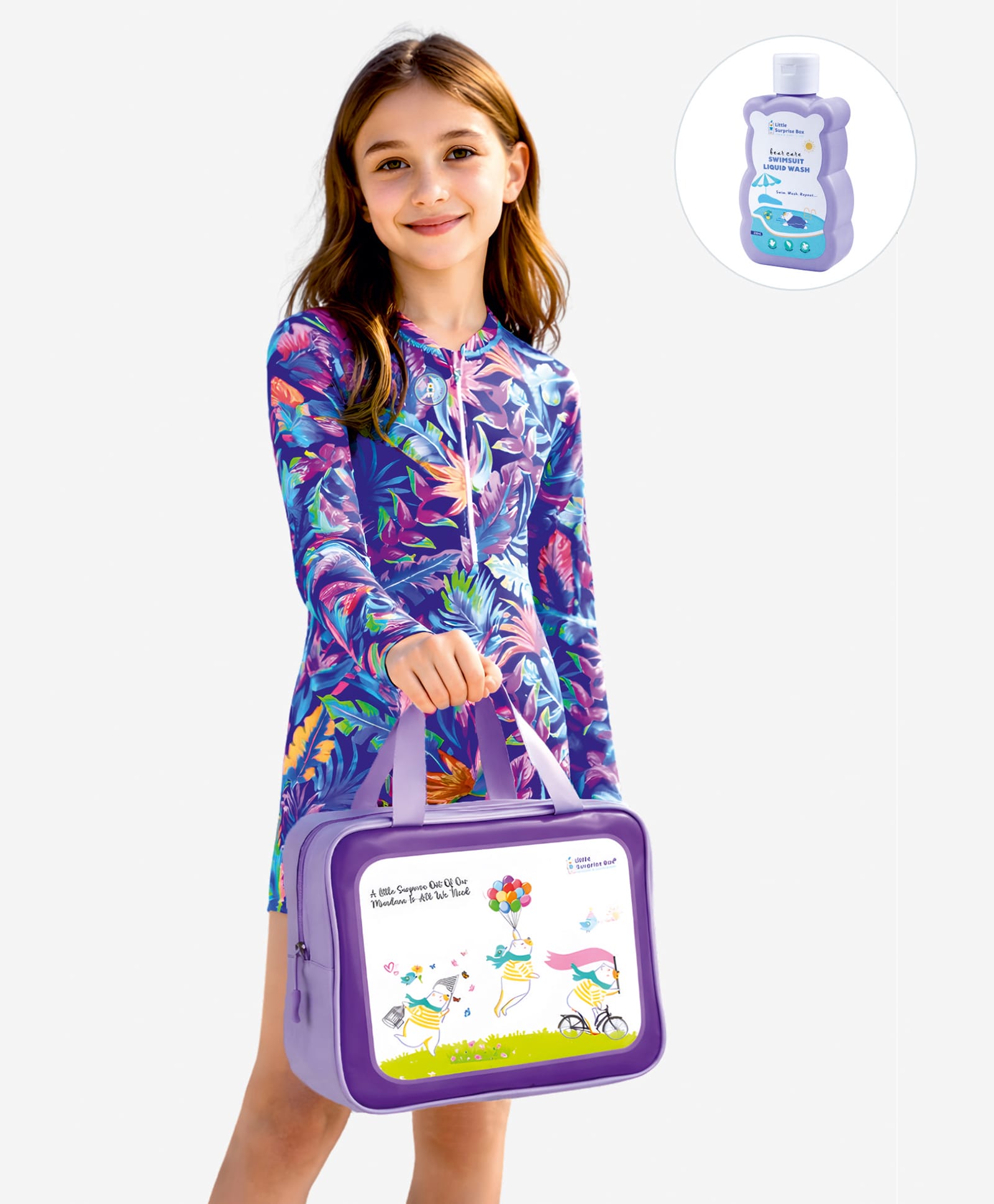 Little Surprise Box Spandex Full Sleeves Leaves Printed Swimsuit With Bag & Detergent - Blue-picture-22