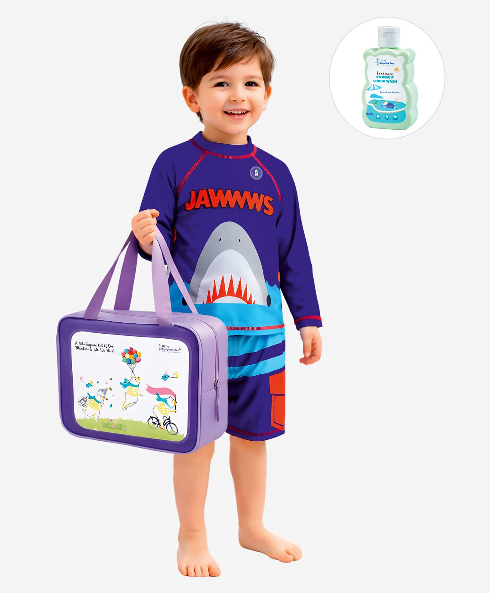 Little Surprise Box Spandex Full Sleeves Shark Printed 2 Piece Swimsuit With Bag & Detergent - Navy Blue-image-15