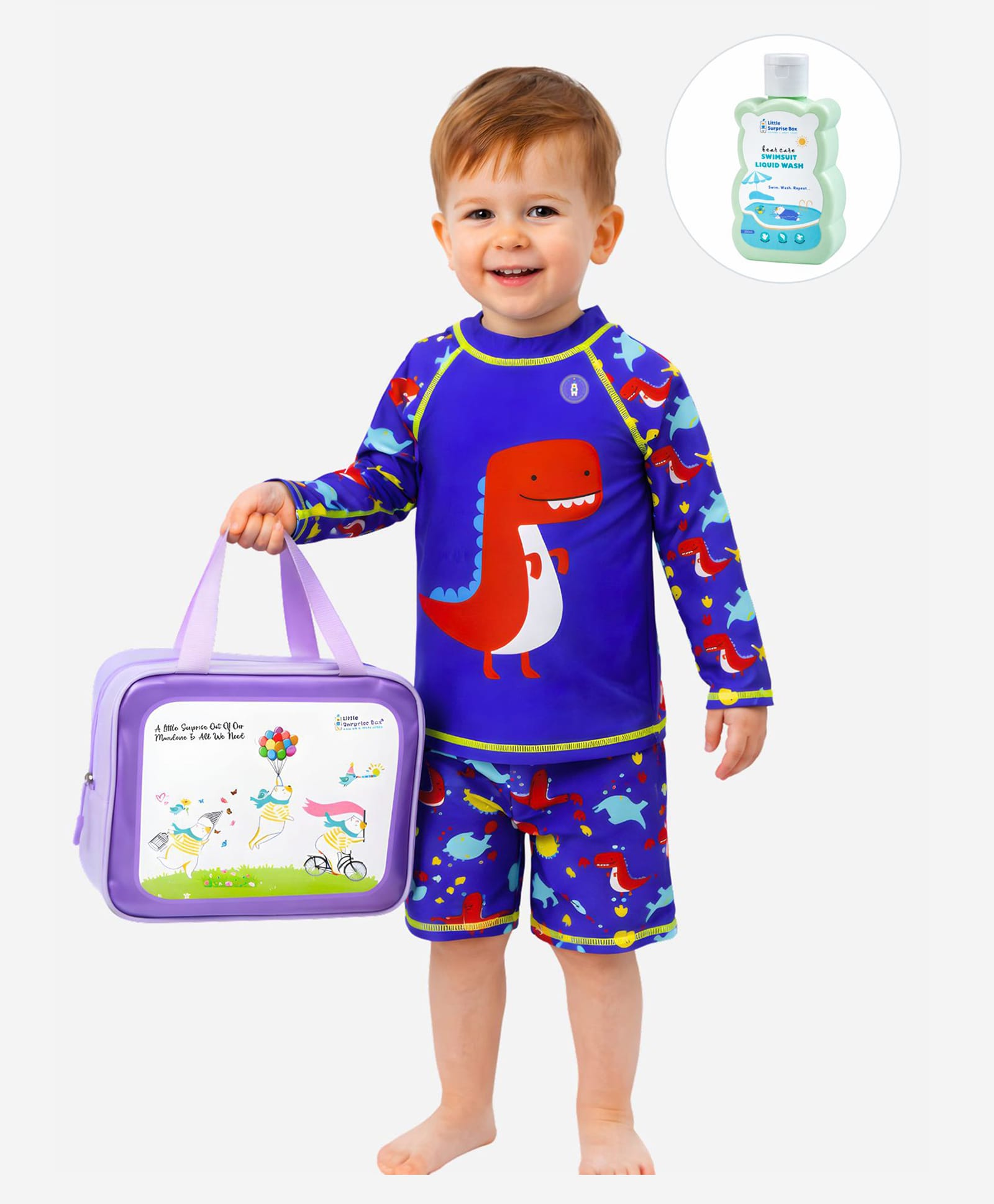 Little Surprise Box Spandex Full Sleeves Dinosaur Printed 2 Piece Swimsuit With Bag & Detergent - Blue-picture-27