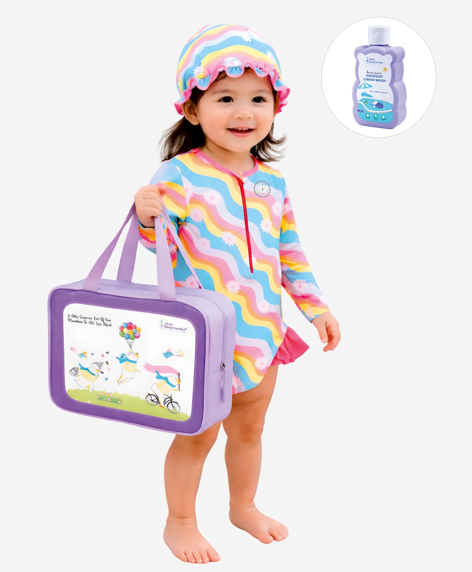 Little Surprise Box Spandex Full Sleeves Floral Printed 2 Piece Swimsuit With Bag & Detergent - Pink-picture-24