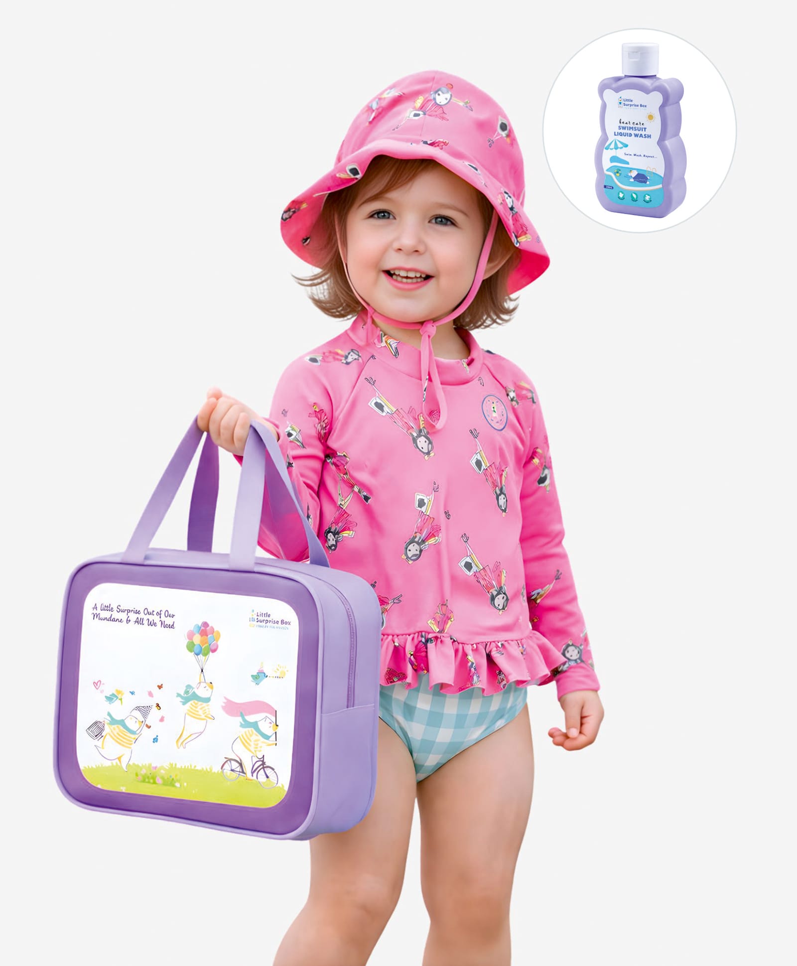 Little Surprise Box Spandex Full Sleeves Girl Printed 2 Piece Swimsuit With Cap Bag & Detergent - Pink-picture-20