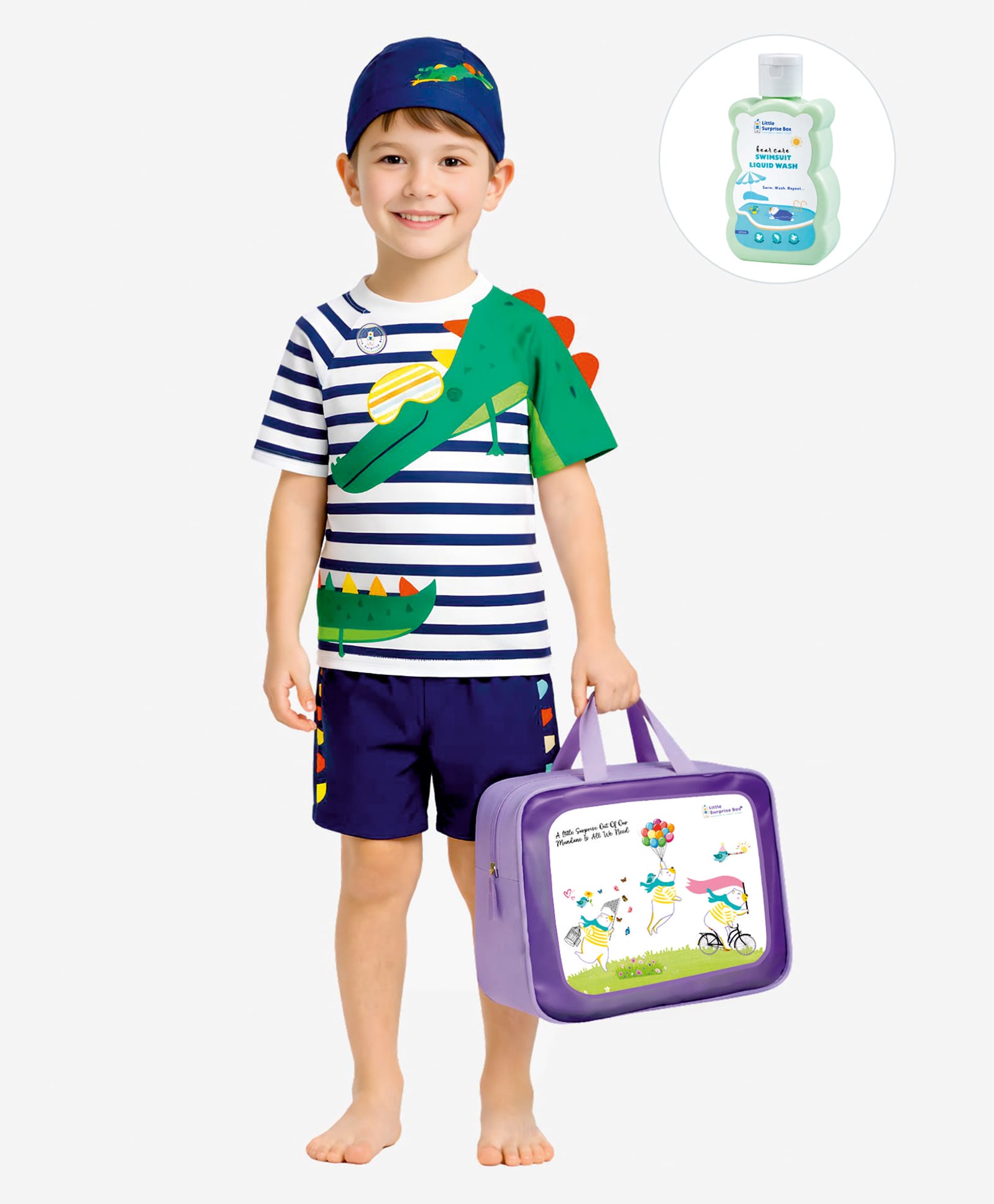 Little Surprise Box Spandex Half Sleeves Crocodile Printed 2 Piece Swimsuit With Cap Bag & Detergent -White-image-24