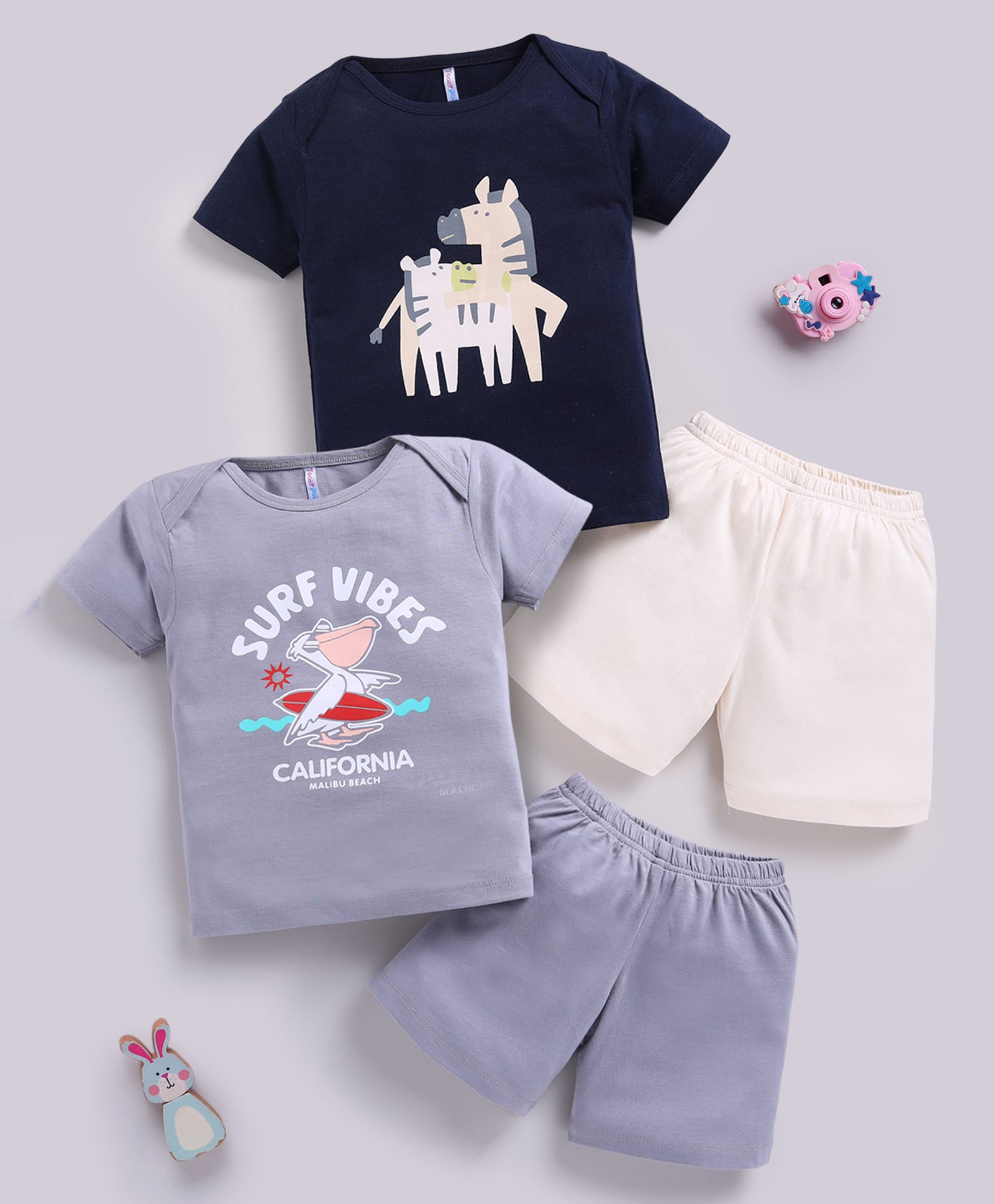 TOONYPORT Cotton Knit Pack Of 2 Half Sleeves Surf Vibes Text & Zebra Printed Tees & Shorts Set - Navy Blue & Charcoal Grey-image-36