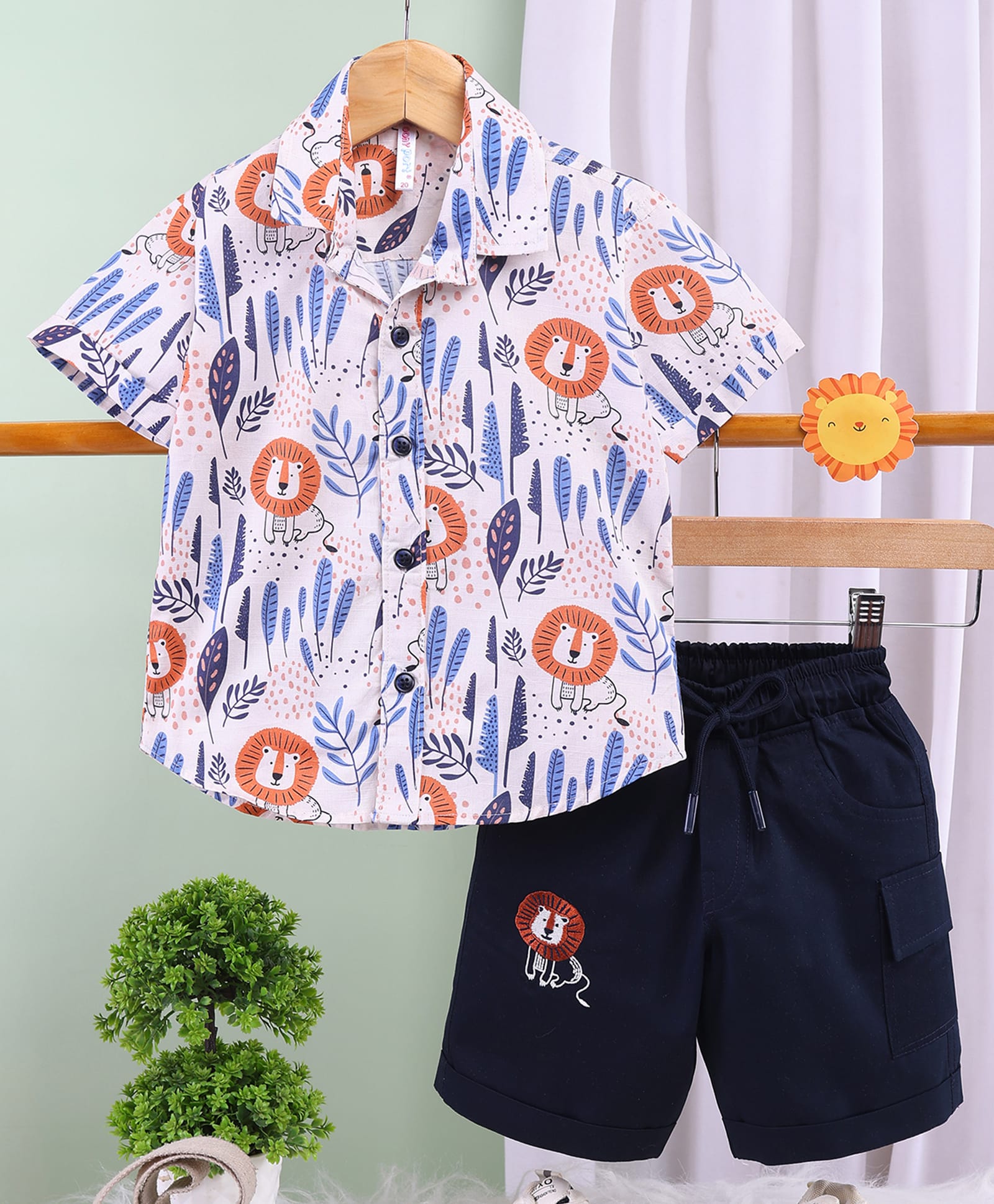 TOONYPORT Cotton Knit Half Sleeves Lion & Leaves Printed Shirt & Shorts Set - Blue-image-40