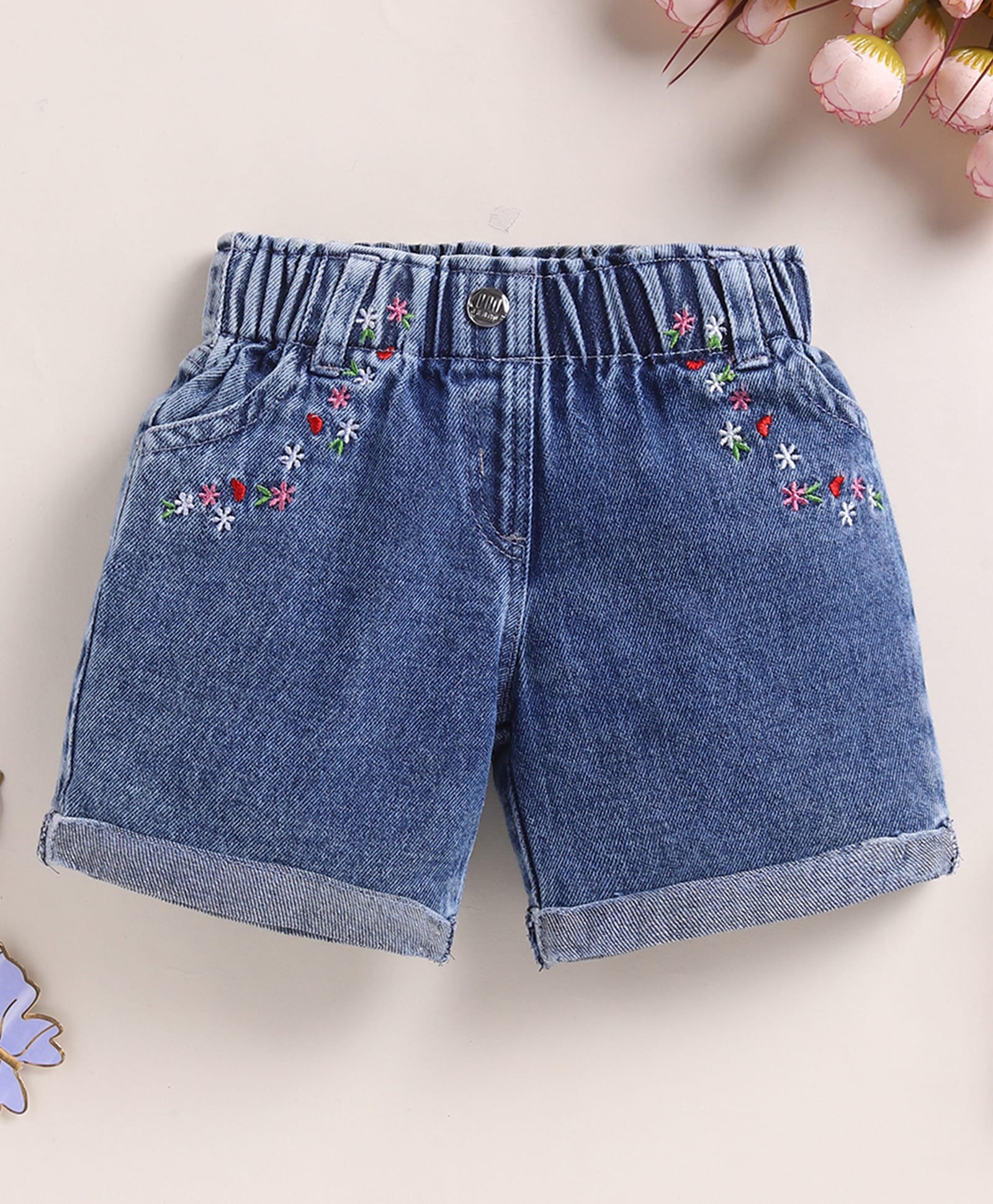 TOONYPORT Denim Woven Floral Embroidered Washed Shorts - Blue-picture-11