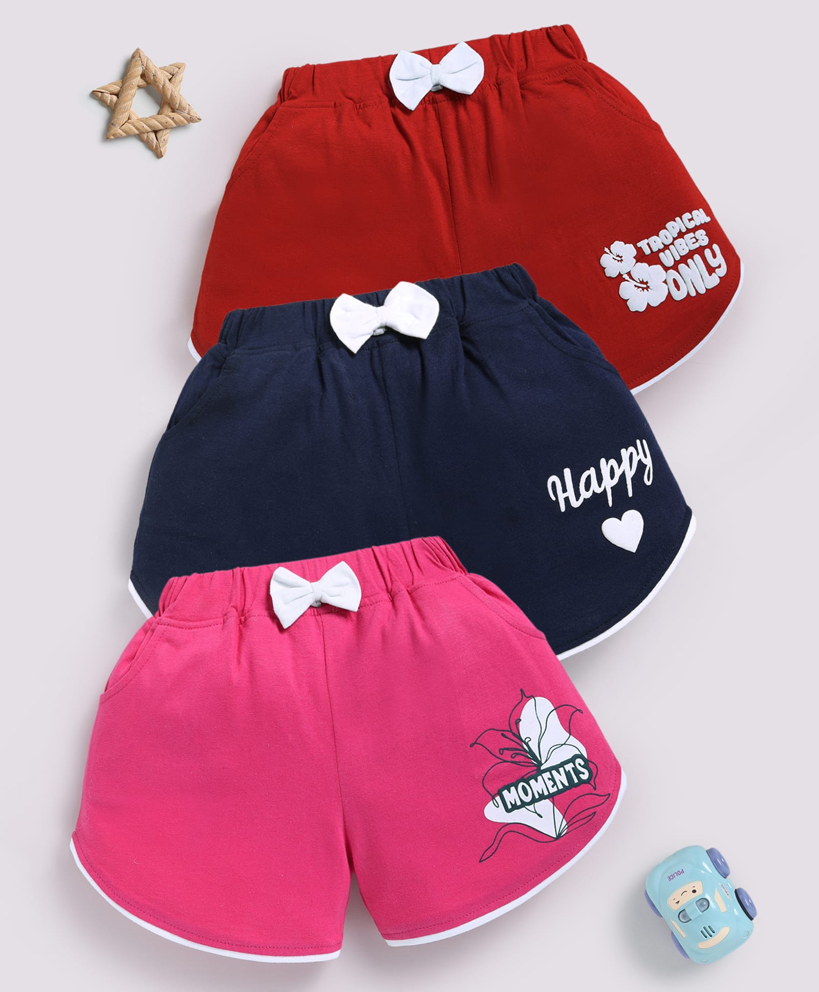 TOONYPORT Cotton Knit Pack Of 3 Tropical Vibe Happy & Moments Text Printed Bow Applique Detailed Shorts - Red Navy Blue & Pink-image-34