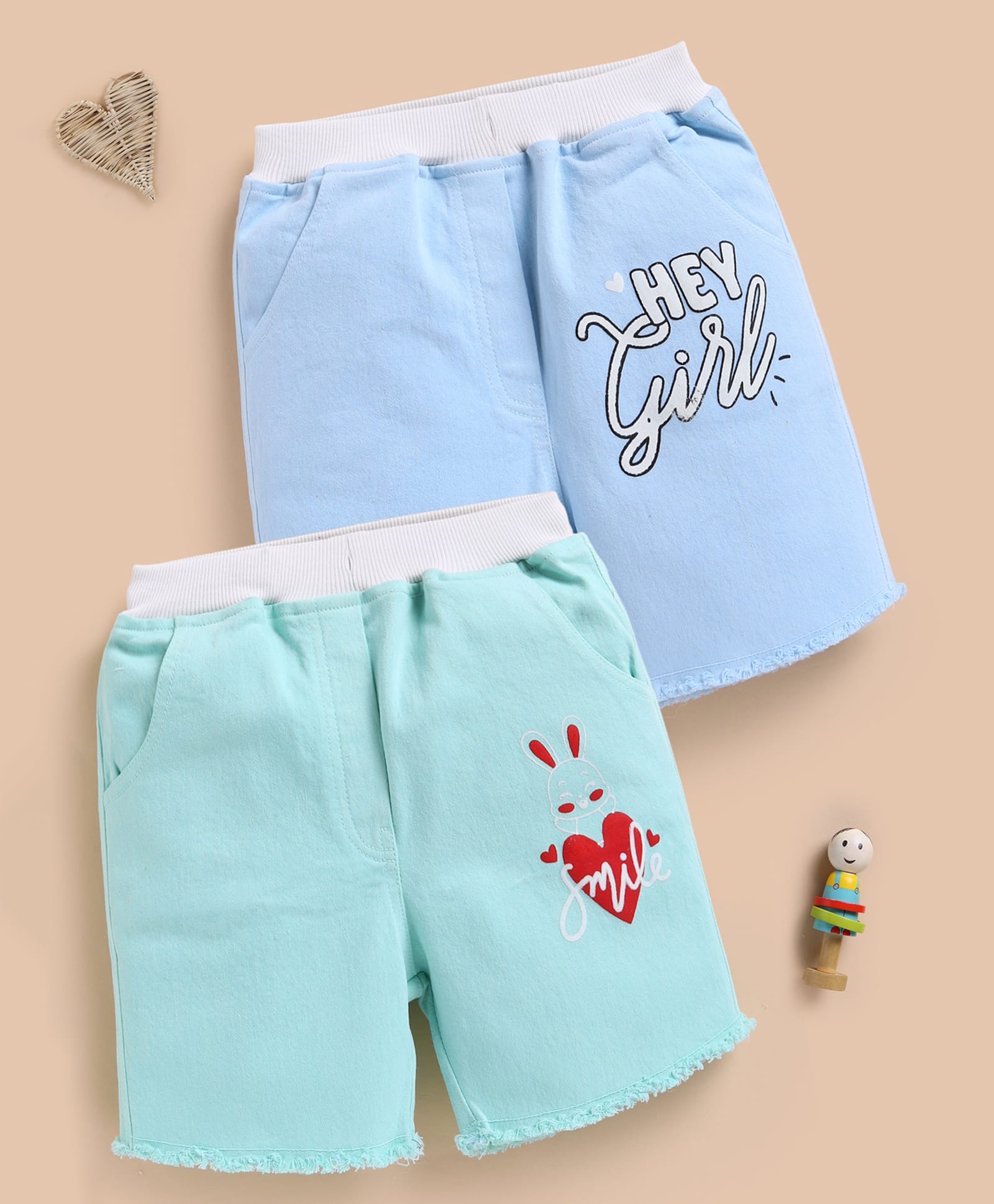 TOONYPORT Cotton Knit Pack Of 2 Hey Girl & Smile Text Printed Shorts - Blue & Green-picture-26
