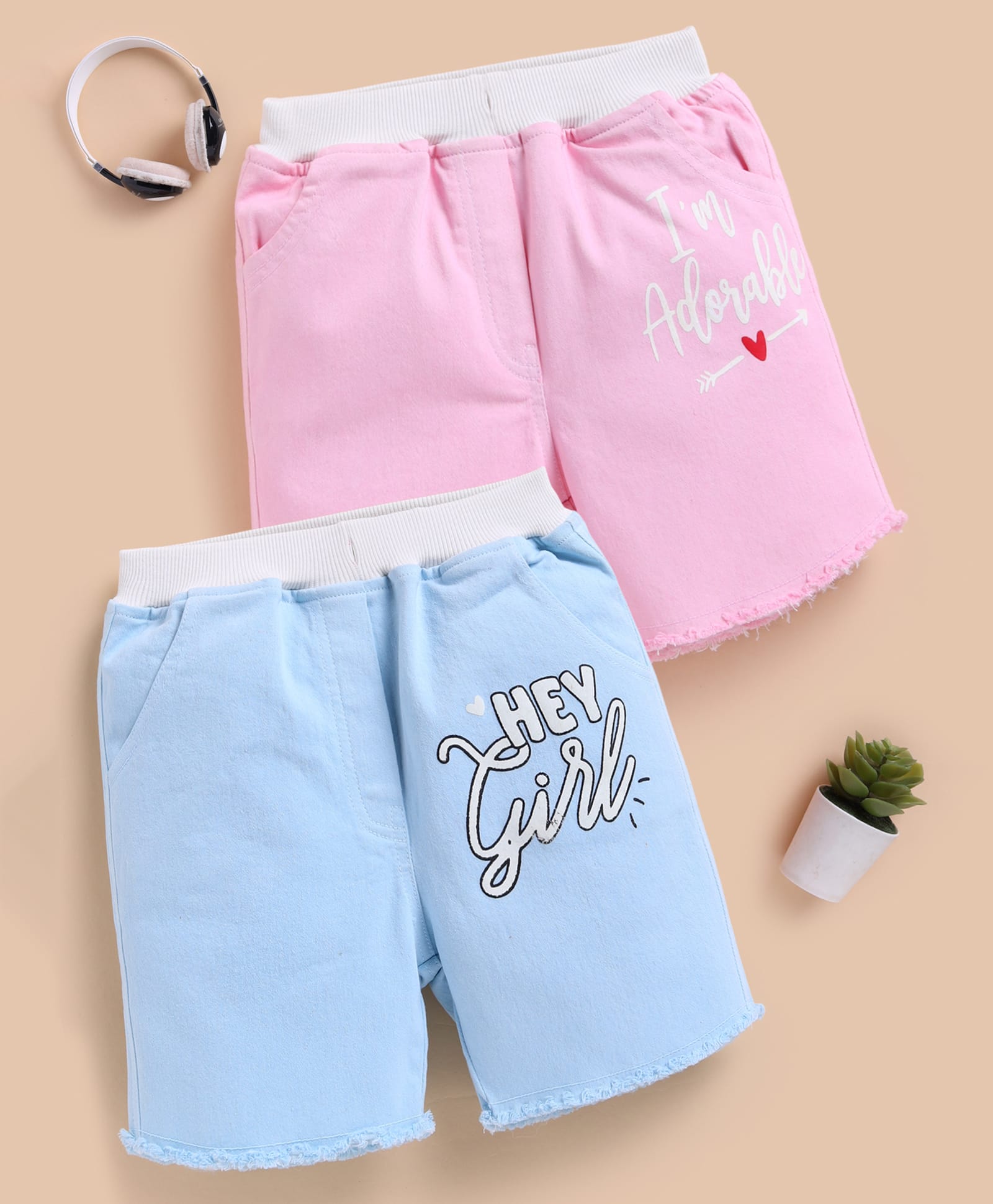 TOONYPORT Cotton Knit Pack Of 2 Hey Girl & I M Adorable Text Printed Shorts - Blue & Pink-picture-18