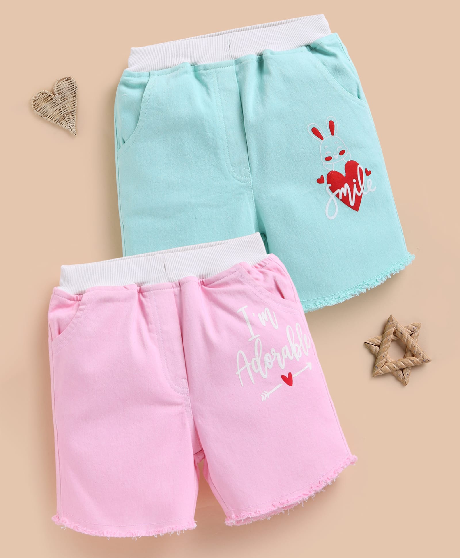 TOONYPORT Cotton Knit Pack Of 2 Smile & I M Adorable Text Printed Shorts - Blue & Pink-image-5