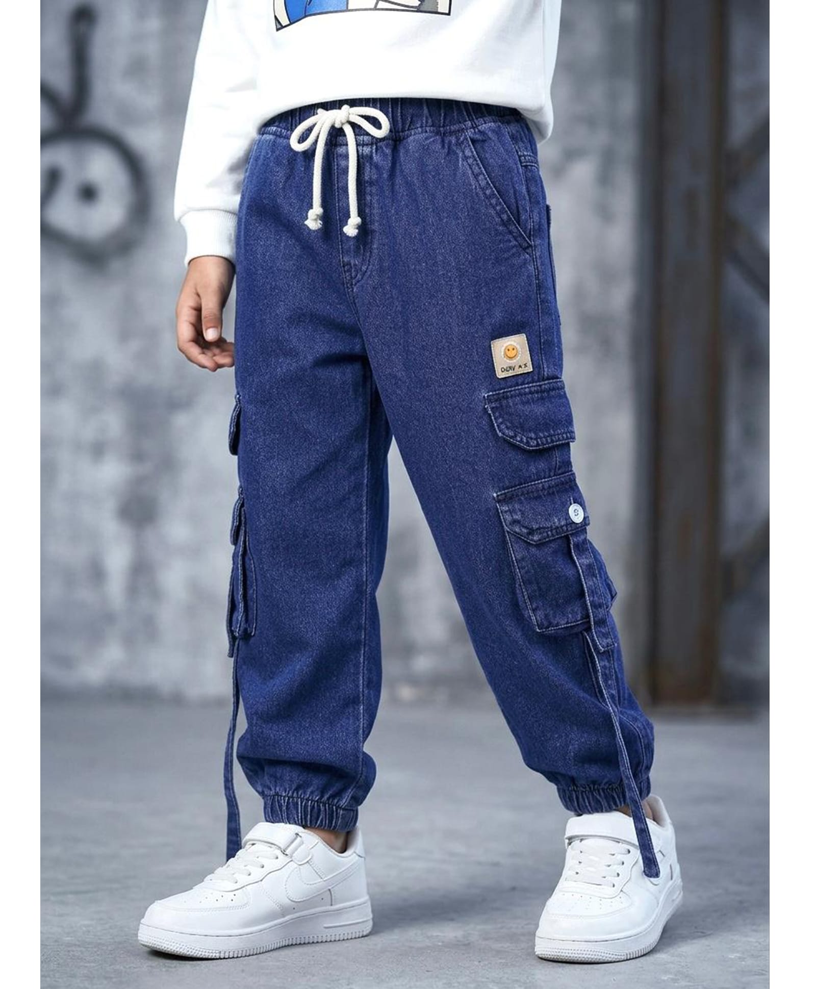 TOONYPORT Denim Woven Smiley Patch Detailed Mild Washed Cargo Style Jeans - Royal Blue-image-42