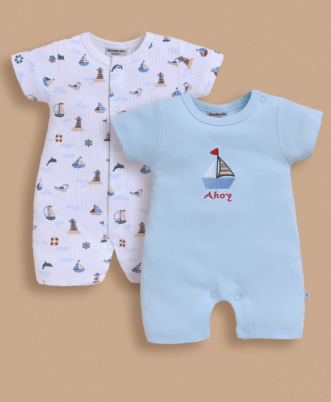 Wonderchild Pack Of 2 Half Sleeves Nautical Theme Printed & Sailboat Embroidered Rompers - Blue & White-picture-18