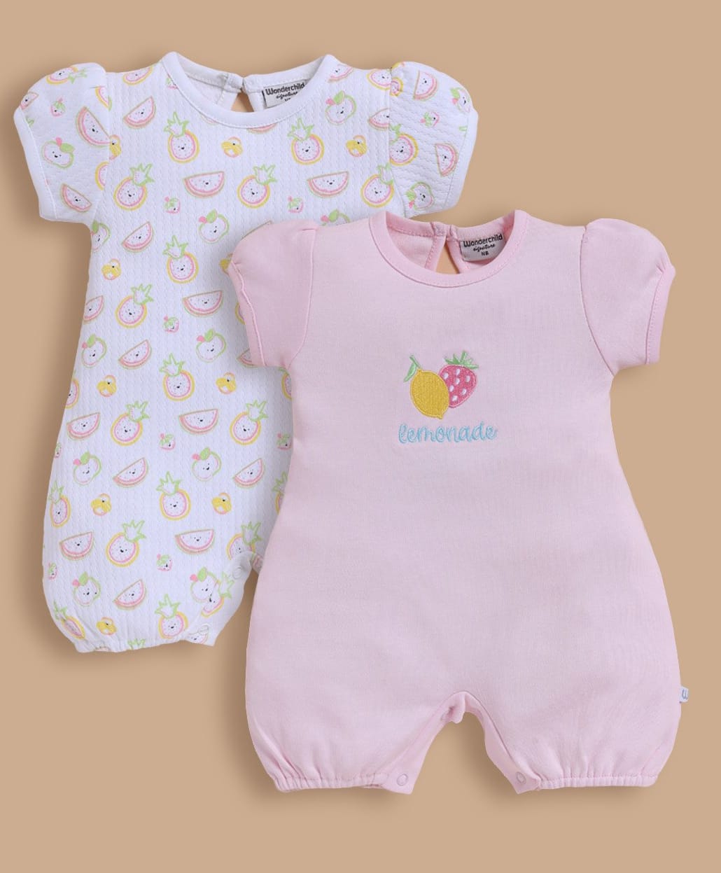 Wonderchild Pack Of 2 Half Puffed Sleeves Fruits Printed & Embroidered Rompers - Pink & White-picture-21