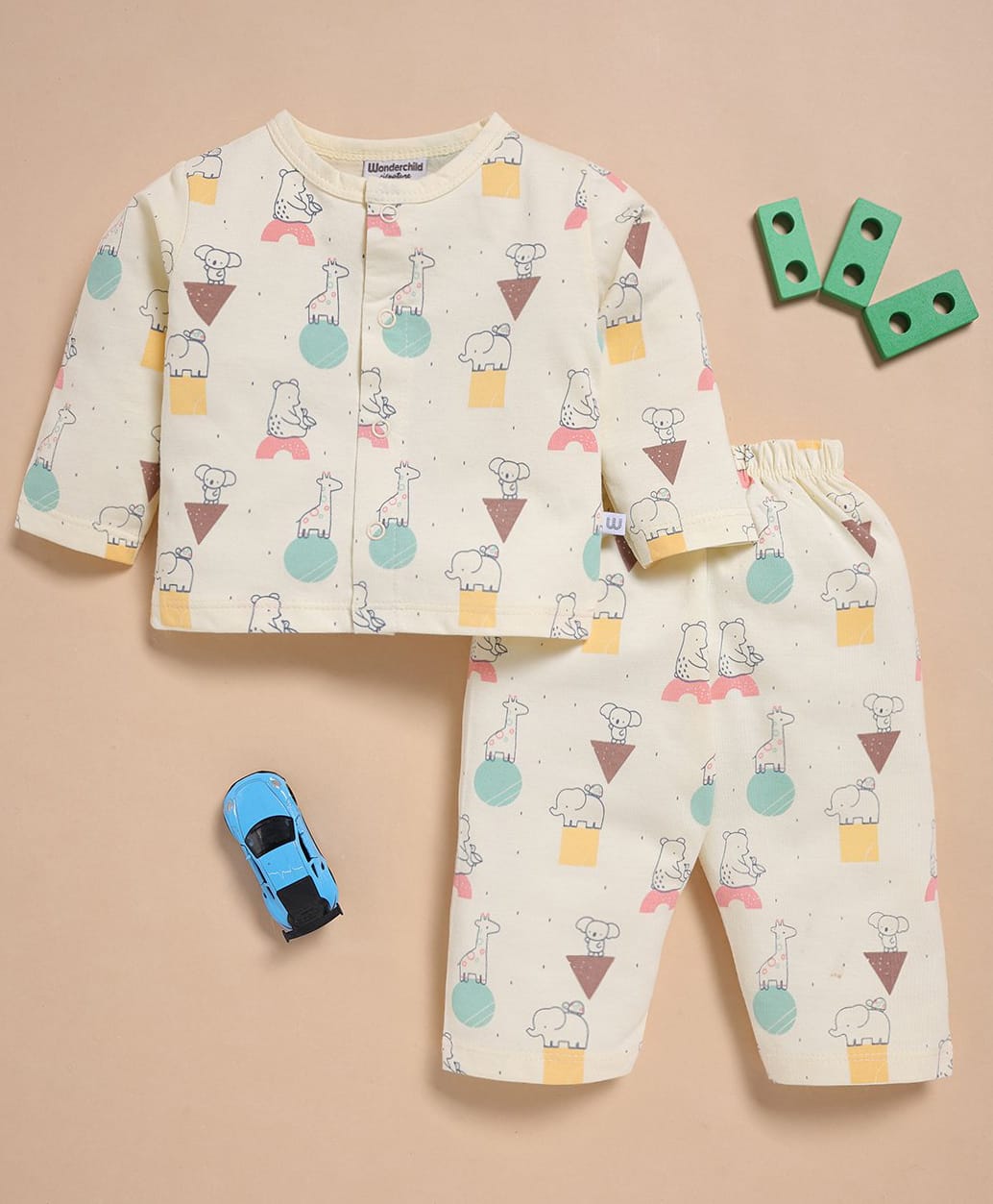 Wonderchild Full Sleeves Animals Printed Coordinating Shirt & Pant Night Suit - Light Lemon-image-41