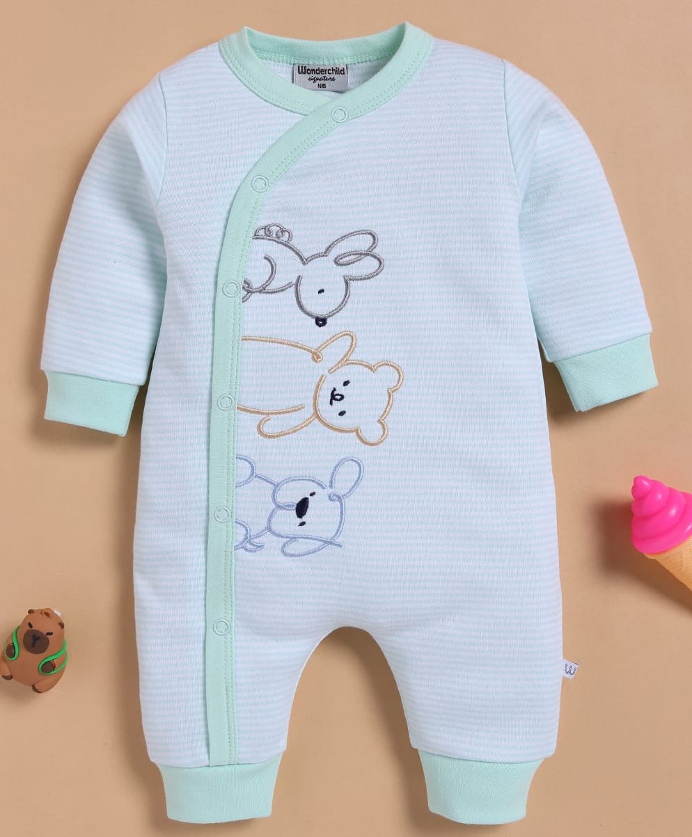 Wonderchild Full Sleeves Animals Embroidered Romper - Aqua Blue-image-26