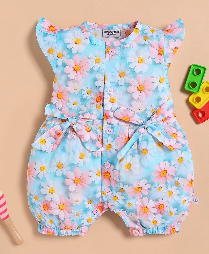 Wonderchild Cap Sleeves Bow Applique Detailed & Floral Printed Romper - Light Blue-image-12