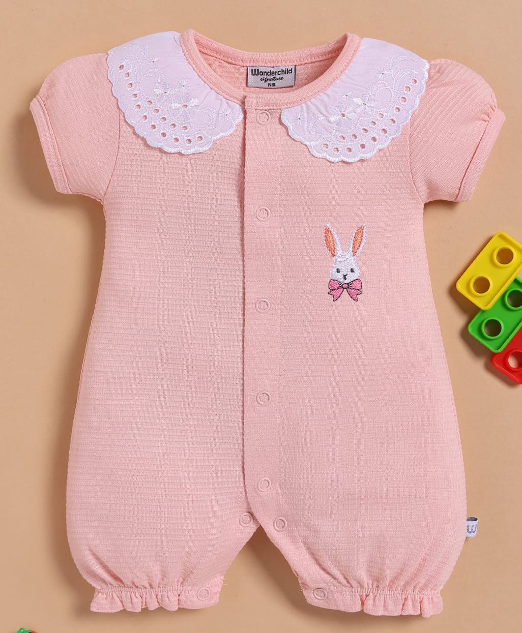 Wonderchild Half Sleeves Bunny Embroidered Romper - Peach-image-34