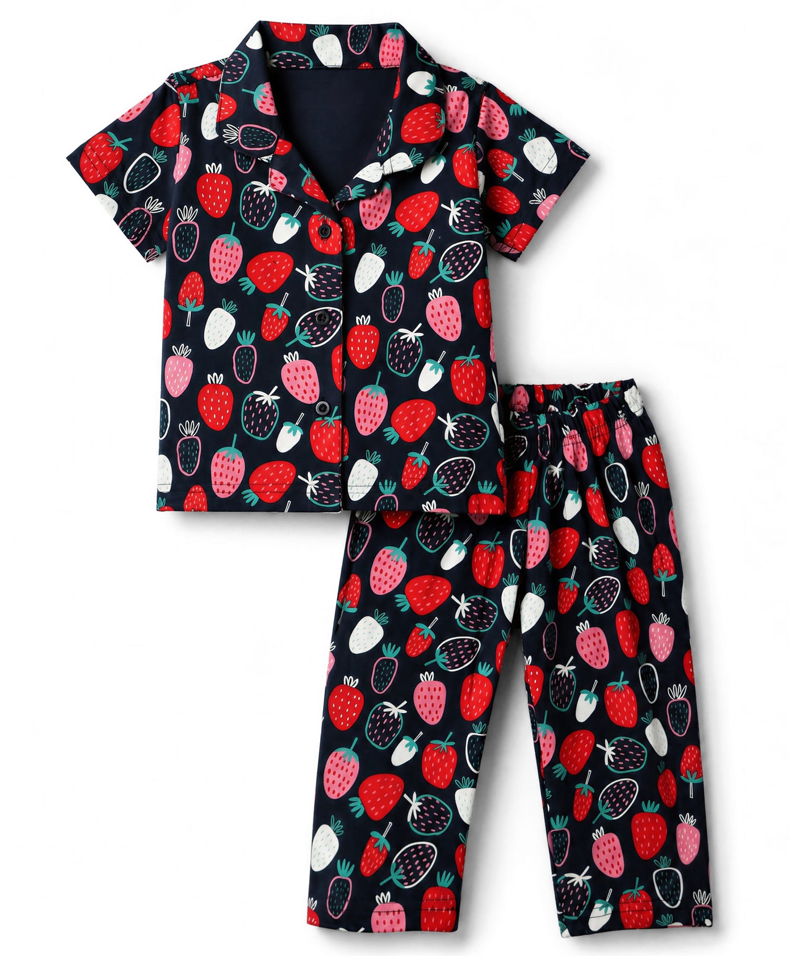 Babyhug Cotton Knit Half Sleeves Front Open Shirt & Pyjama Night Suit with Strawberry Print - Navy Blue-image-37