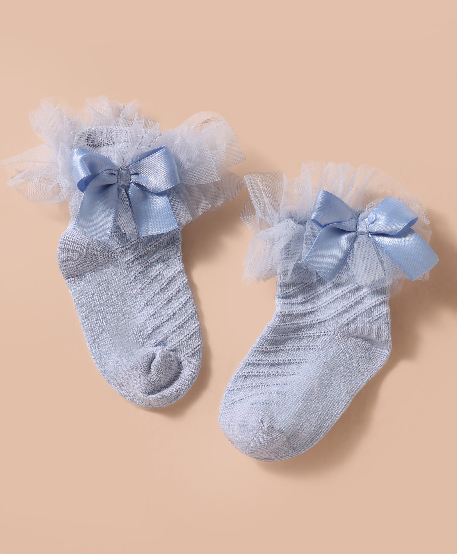 Mustang Knit Ankle Length Socks With Bow Applique - Light Blue