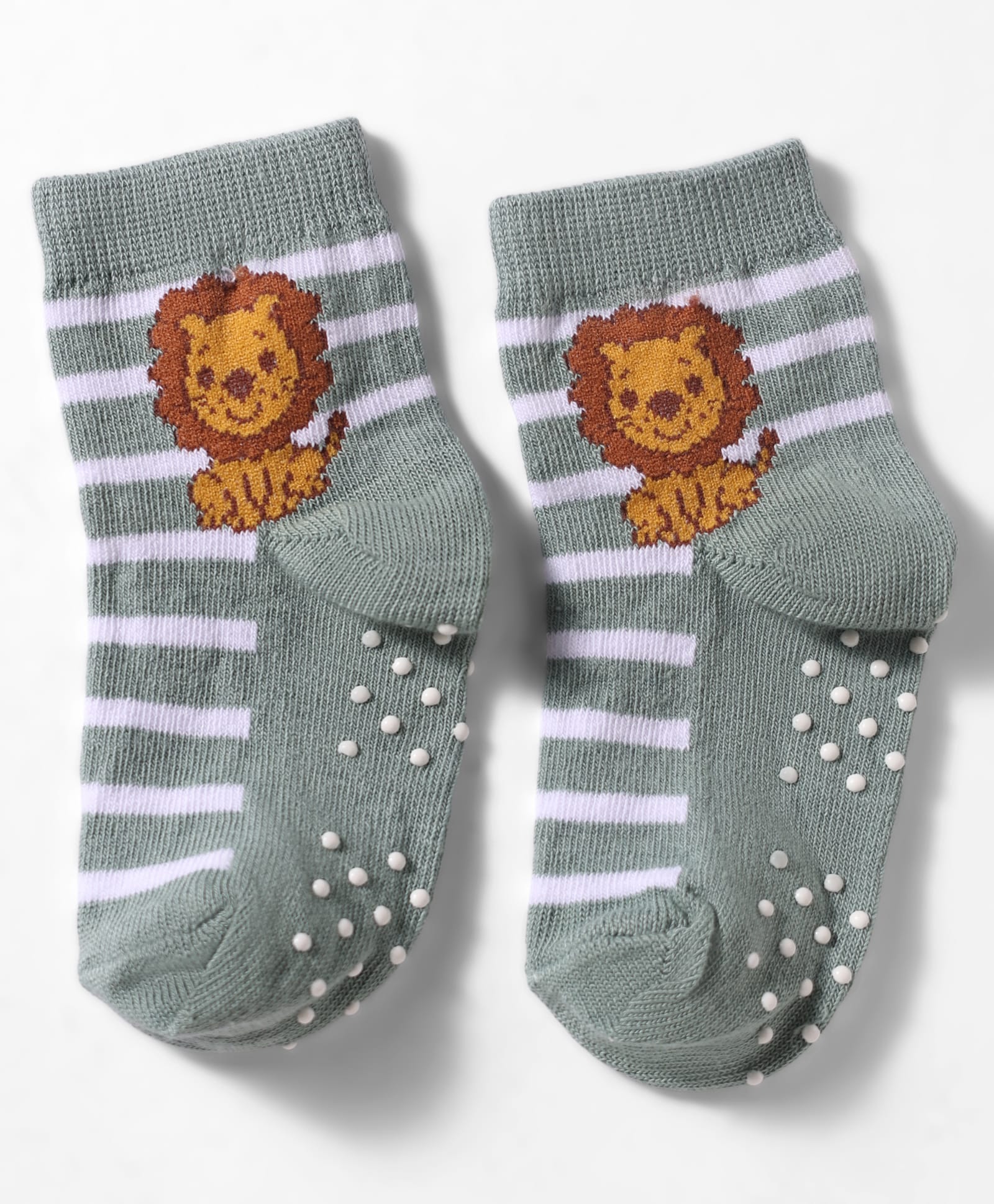 Mustang Knit Anti Skid Ankle Length Socks With Striped & Lion Design - Light Green