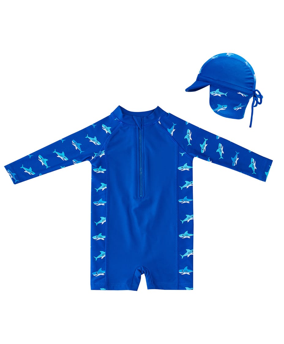 Big Softies Full Raglan Sleeves Sharks Printed Legged Swimsuit With Hat - Navy Blue-image-37