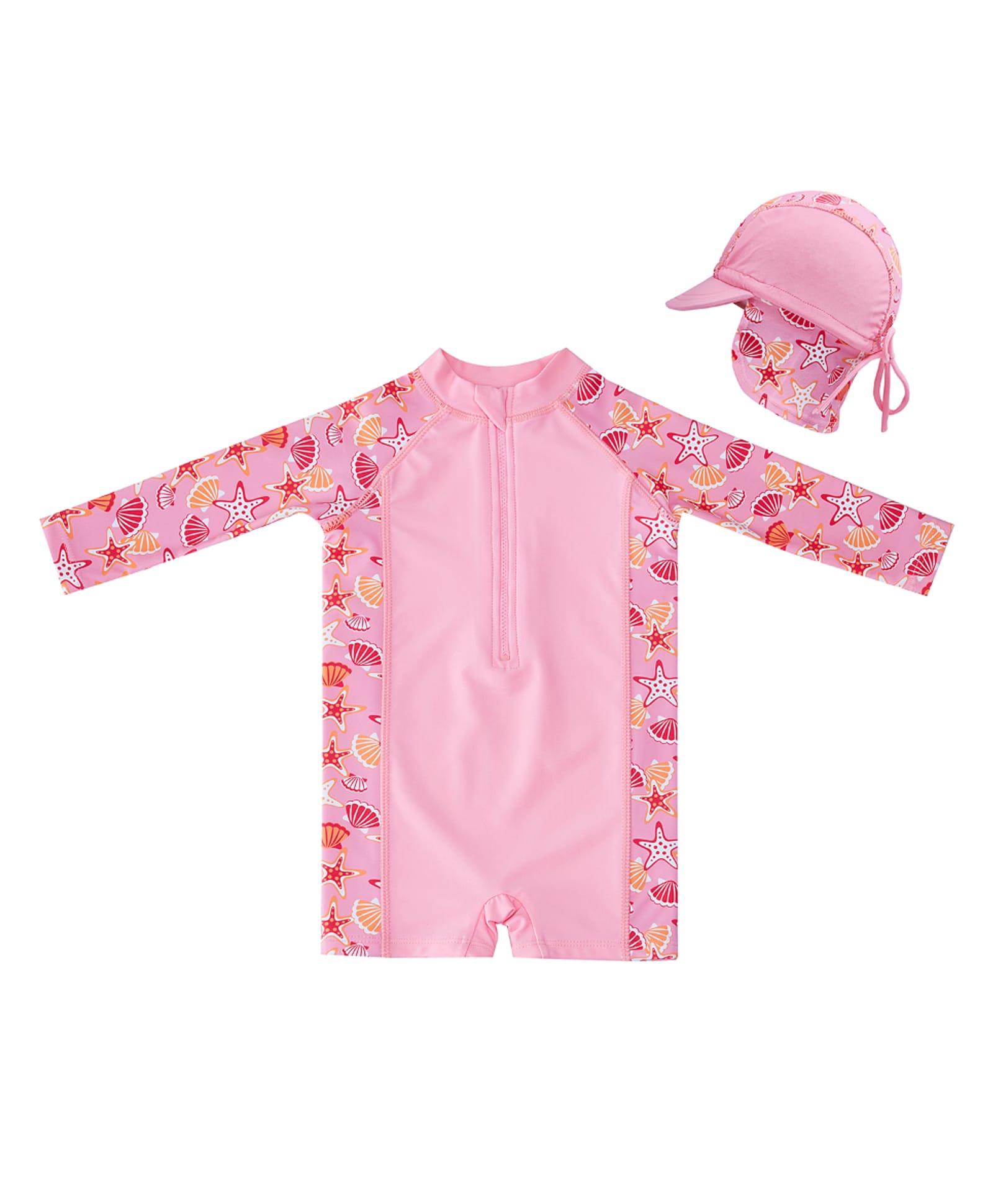 Big Softies Full Raglan Sleeves Sea Life Printed Legged Swimsuit With Cap - Pink-picture-9