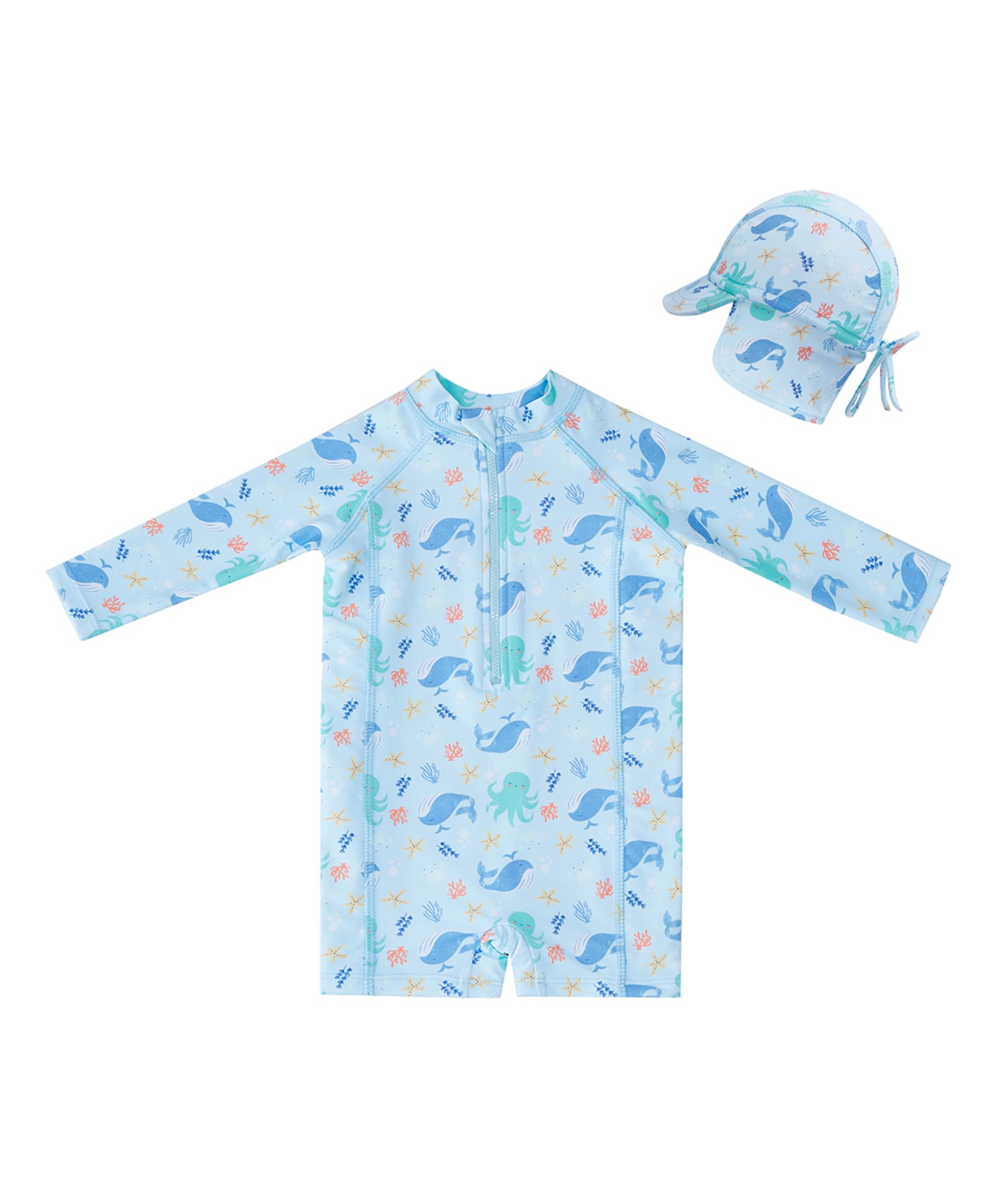 Big Softies Full Raglan Sleeves Whale & Octopus Printed Legged Swimsuit With Cap - Light Blue-picture-27