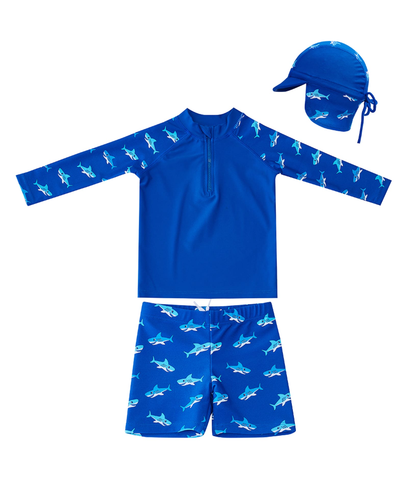 Big Softies Full Raglan Sleeves Shark Printed 2 Piece Swimsuit With Cap - Navy Blue-image-13
