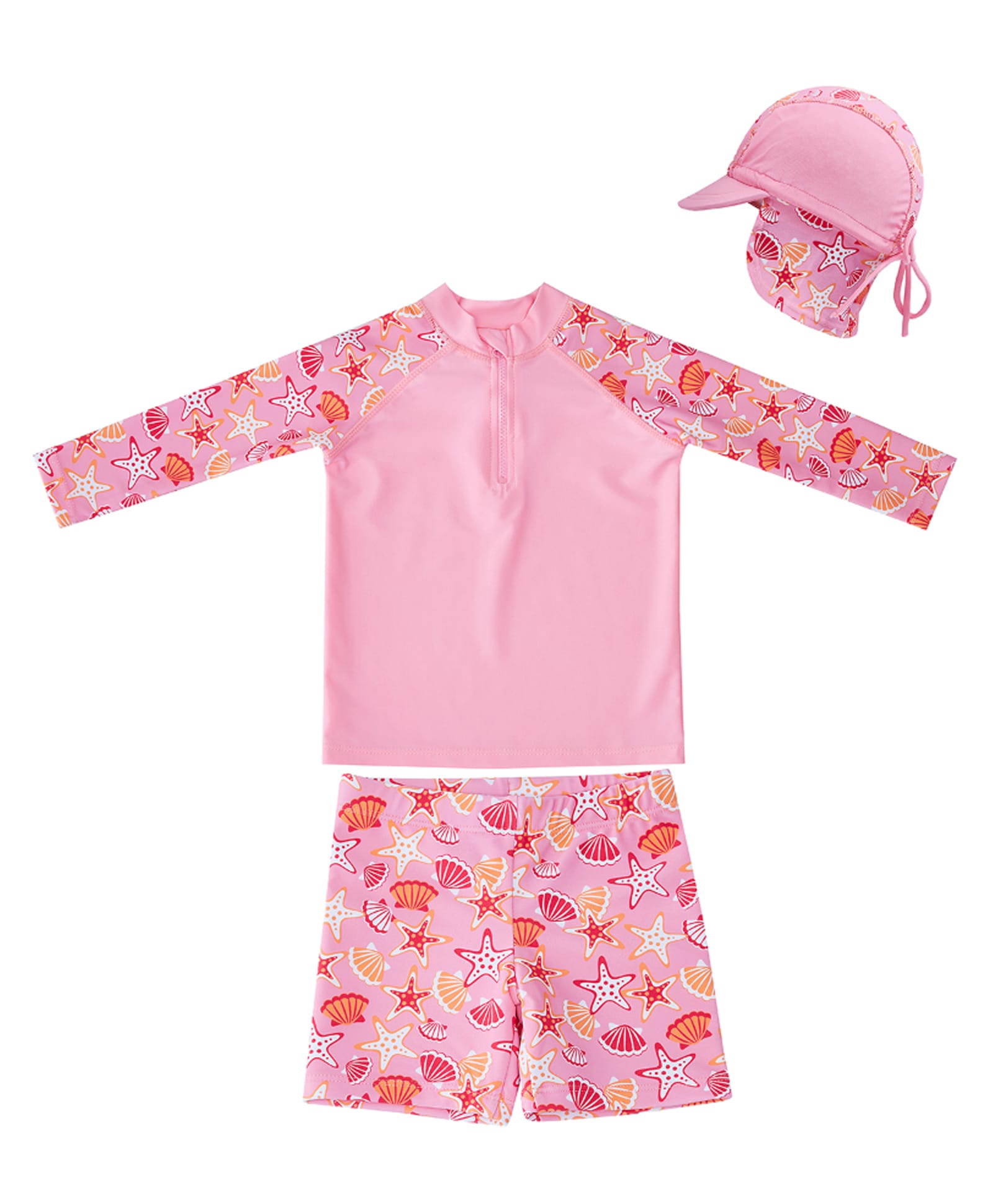 Big Softies Full Raglan Sleeves Sea Life Printed 2 Piece Swimsuit With Cap - Pink-picture-34