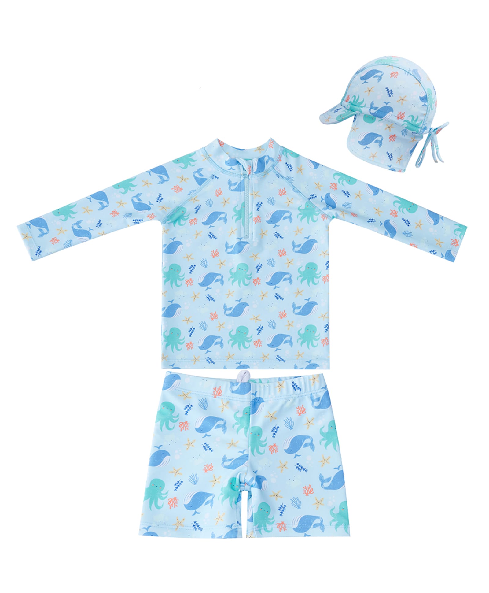 Big Softies Full Sleeves Sea Life Printed Coordinating 2 Piece Swimsuit With Cap - Light Blue-picture-11