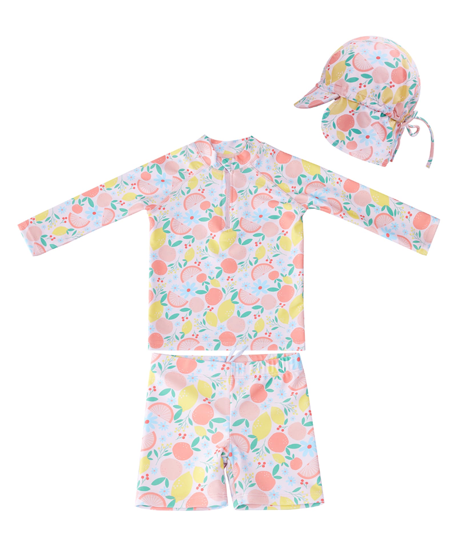 Big Softies Full Sleeves Fruits Printed Coordinating 2 Piece Swimsuit With Cap - Light Pink-image-33