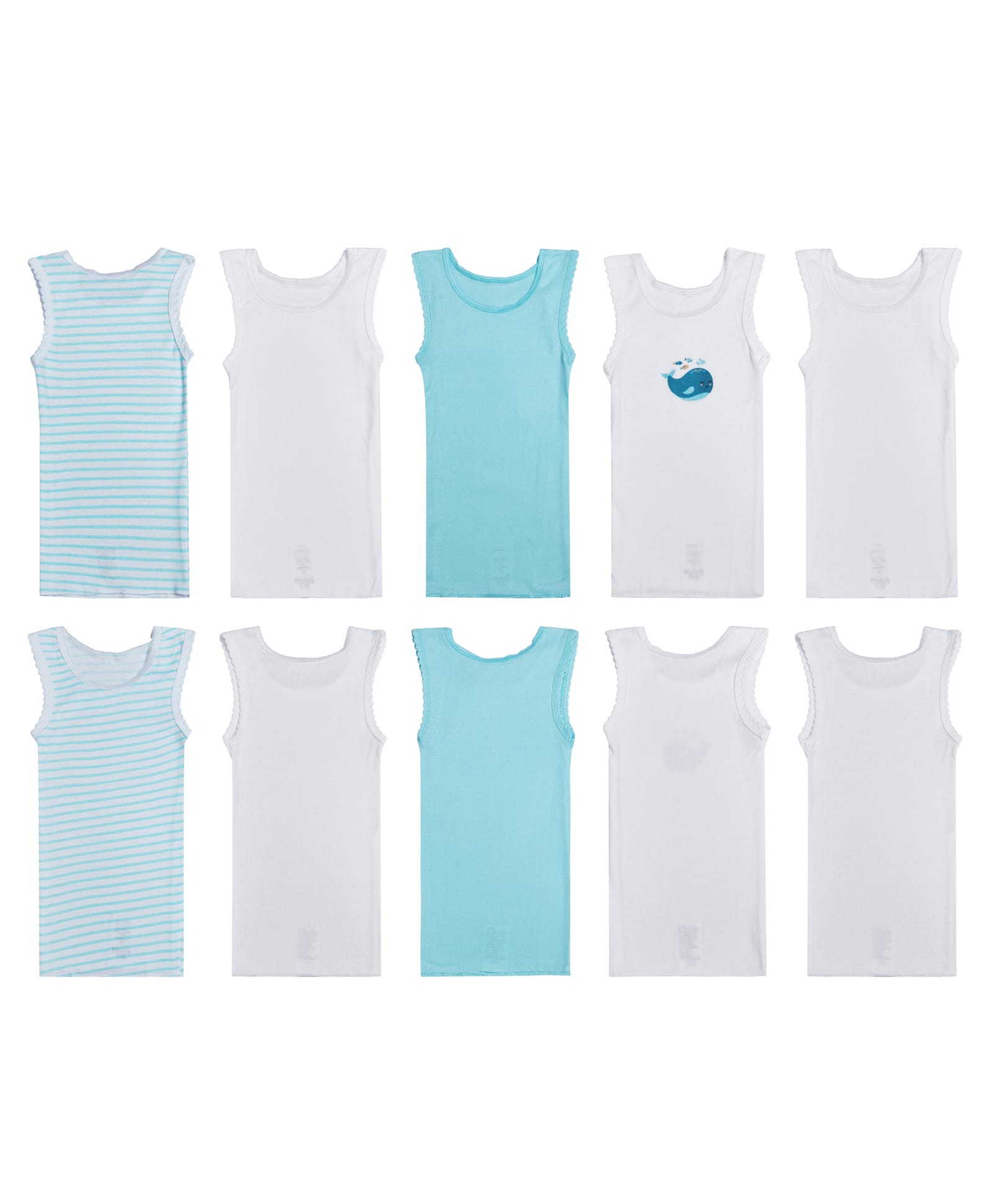 Big Softies Cotton Knit Pack Of 5 Sleeveless Solid & Striped Vests - Whale & White-image-38