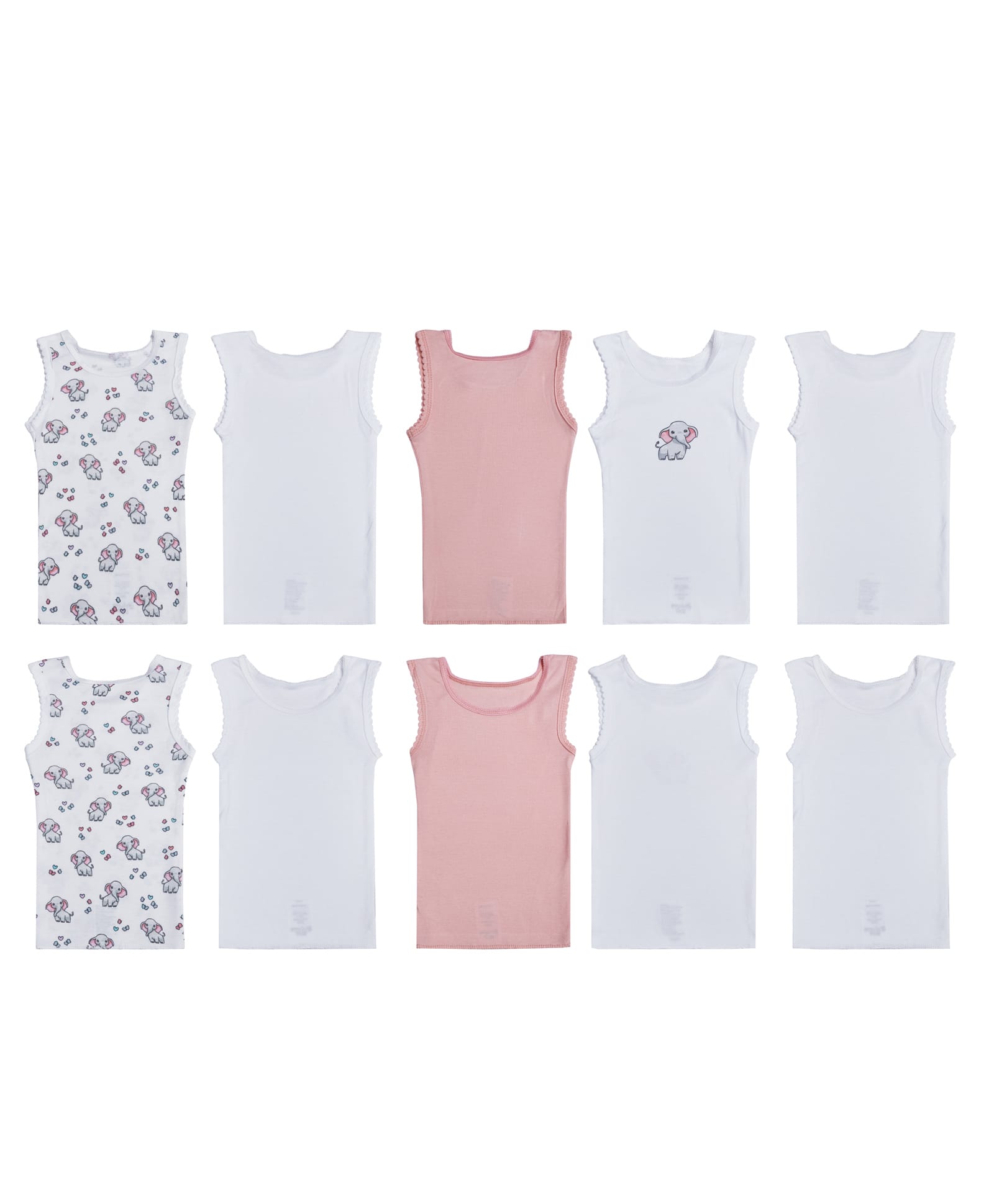 Big Softies Cotton Knit Pack Of 5 Sleeveless Solid & Elephant Printed Vests - Pink & White-image-48