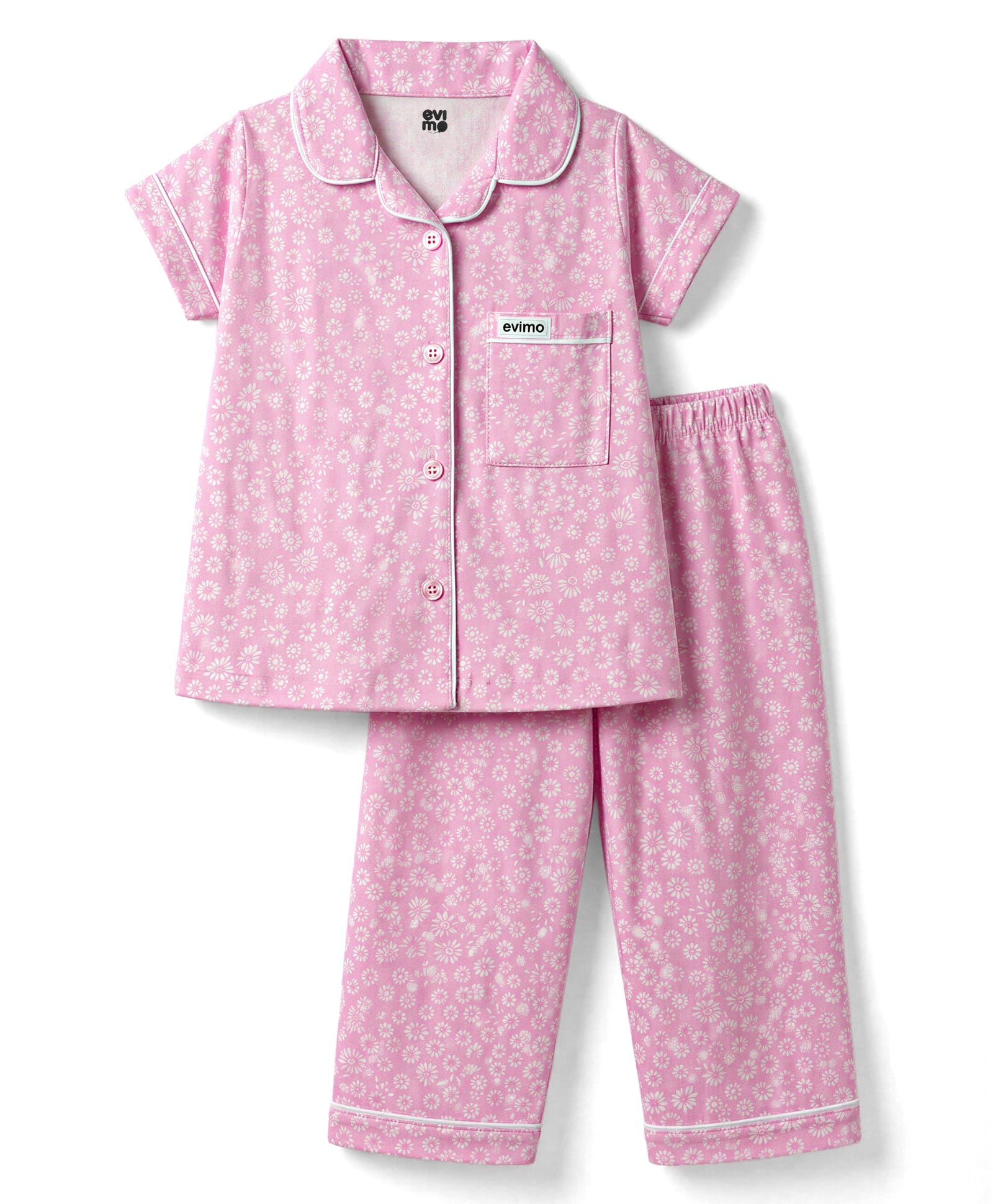 Evimo Single Jersey Knit Half Sleeves Co-Ords Shirt & Pyjama Night Suit Floral Print -Pink-picture-10