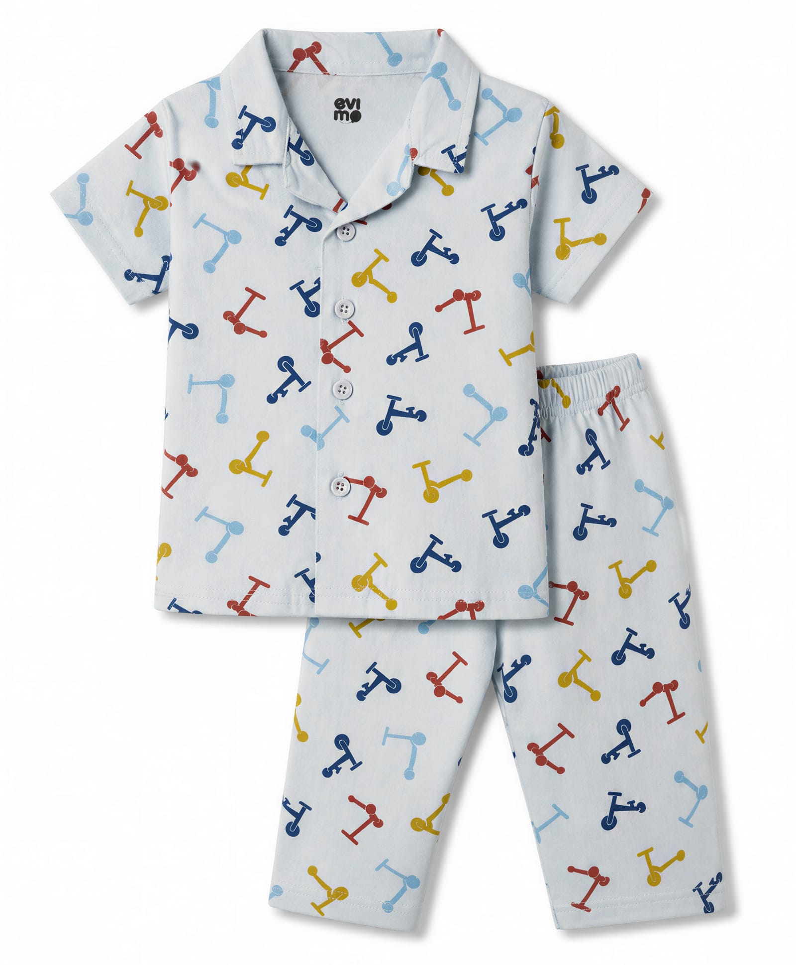 Evimo Single Jersey Knit Half Sleeves Co-Ords Printed Shirt & Pyjama Night Suit - Light Blue-picture-5