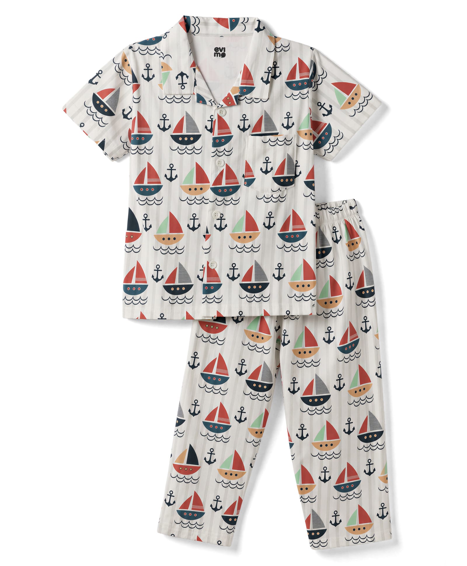 Evimo Single Jersey Knit Half Sleeves Co-Ords Boat Printed Shirt & Pyjama Night Suit - Off White & Grey-picture-41